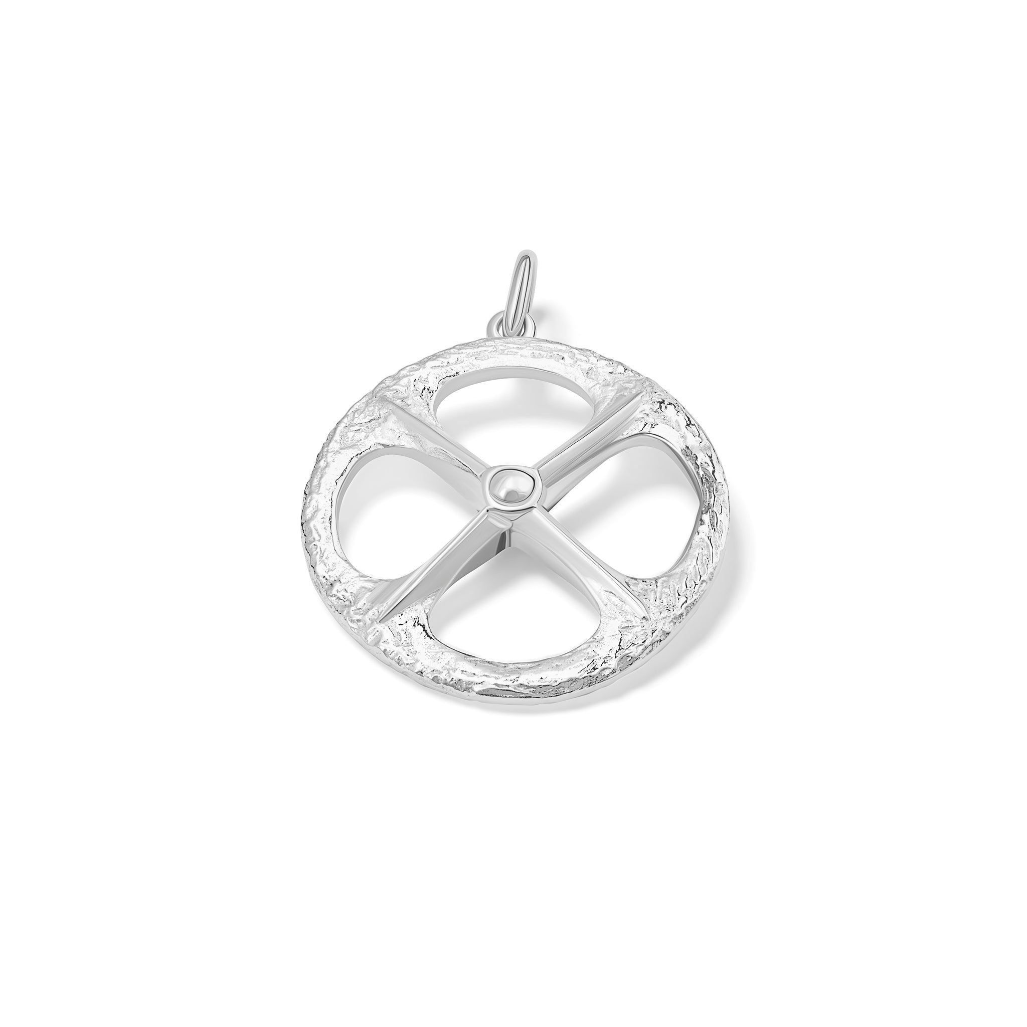 Handcrafted sterling silver large necklace pendant with a circular motif and a cross in the middle.