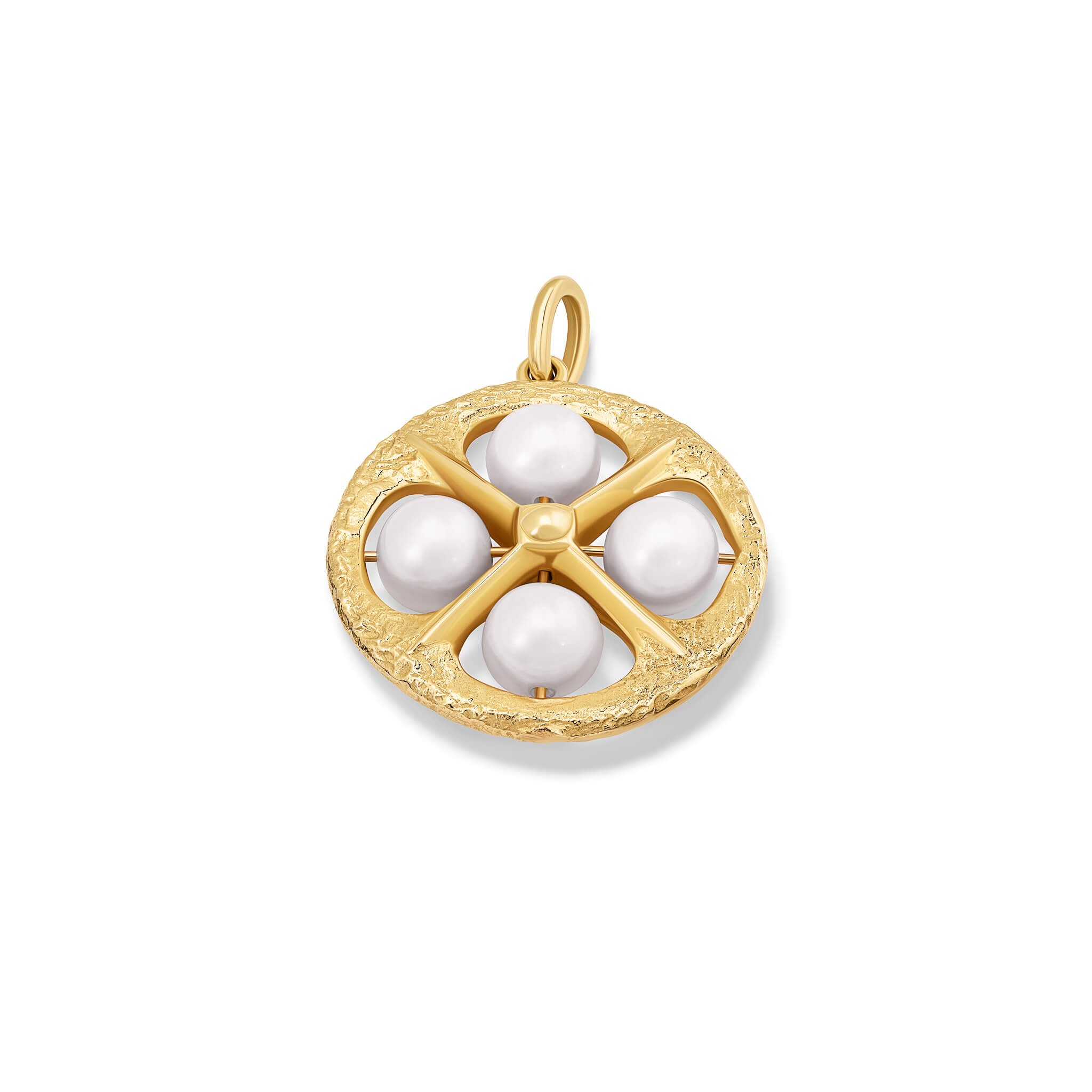 Handcrafted 9ct yellow gold necklace pendant with a circular motif and a cross in the middle and four pearls.