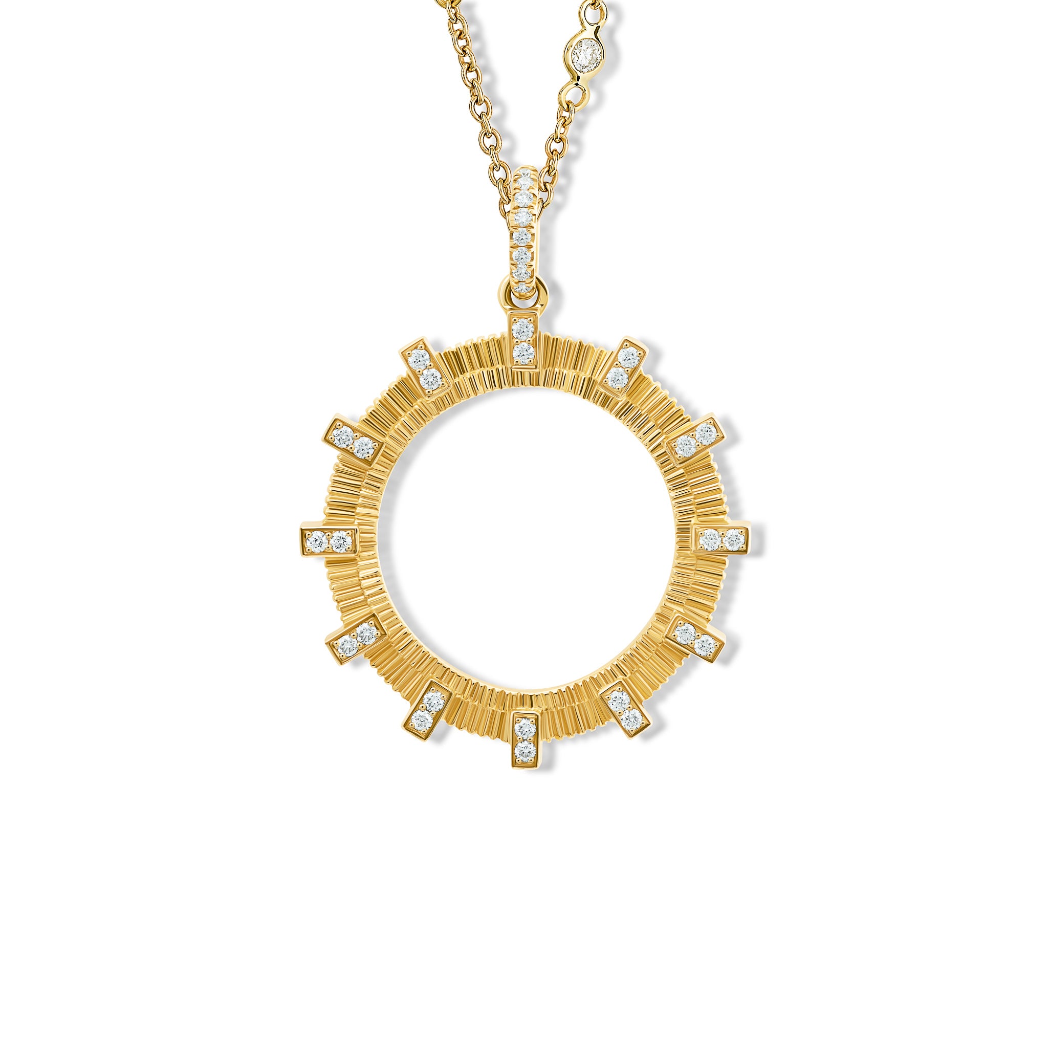 The handcrafted Kipoi necklace pendant in yellow gold with diamond pav�. Inspired by the stone bridges of Zagori in northern Greece.