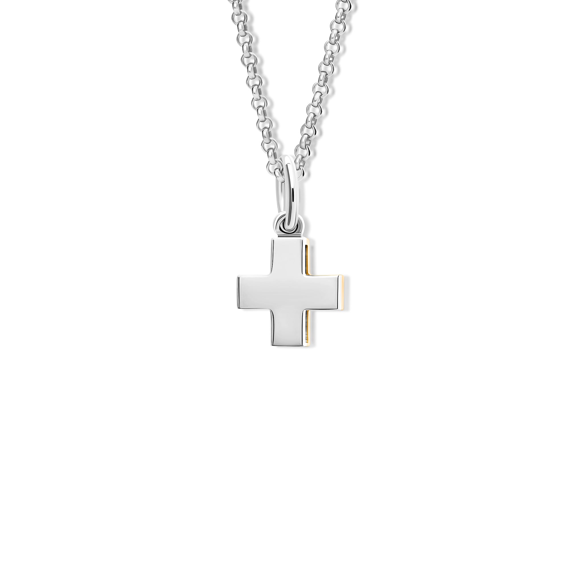 Handcrafted 9ct yellow gold and silver necklace pendant in a symmetrical cross shape.