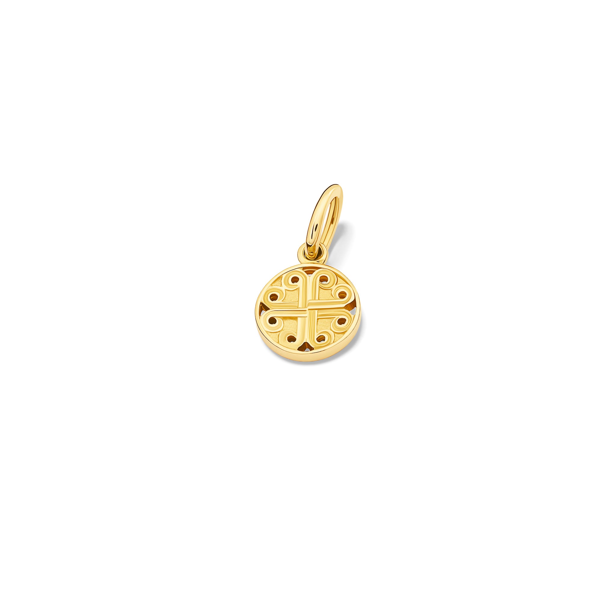 The handcrafted Kefalonia necklace pendant in 9ct yellow gold. A circular shaped necklace pendant with a cross-like motif in the centre.