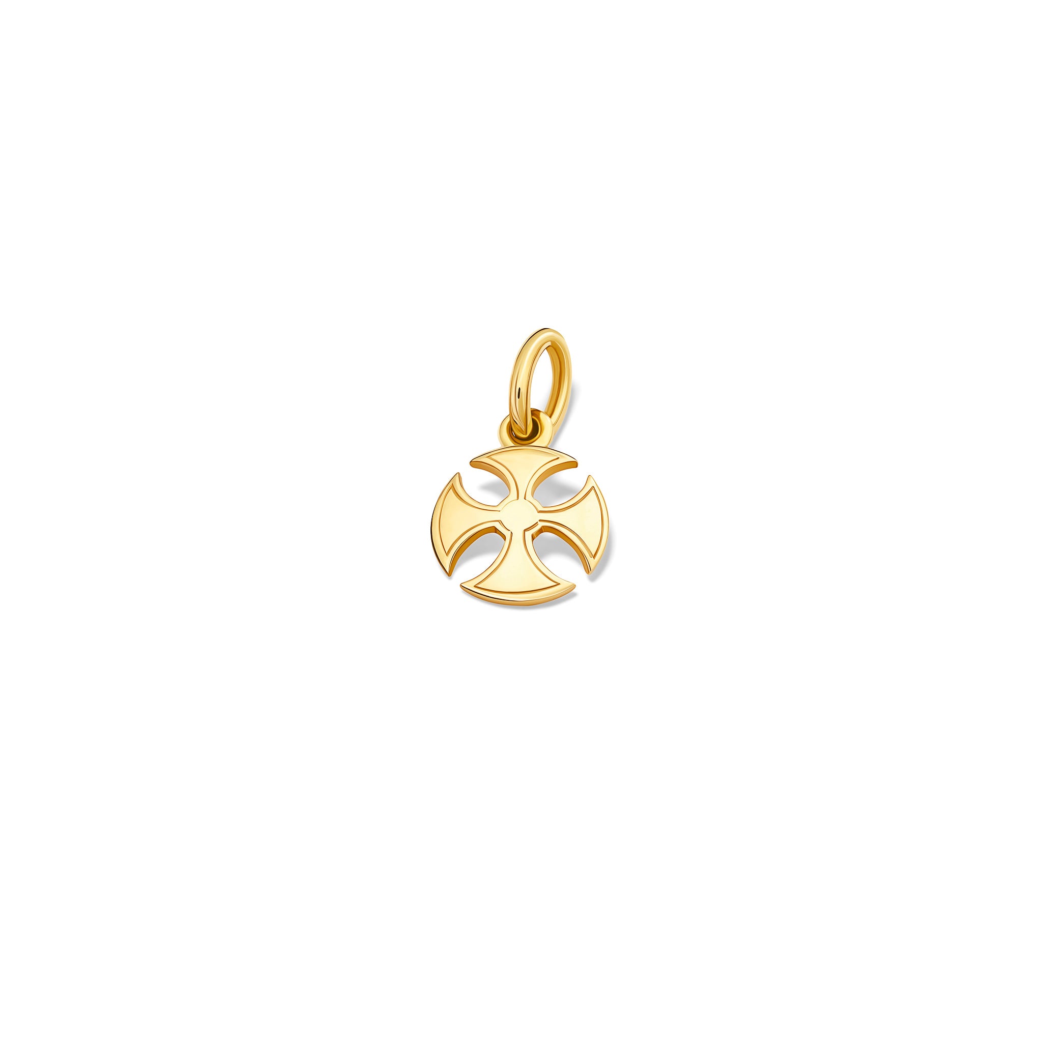 Handcrafted Sanctus 9ct yellow gold necklace pendant in a curved cross shape.