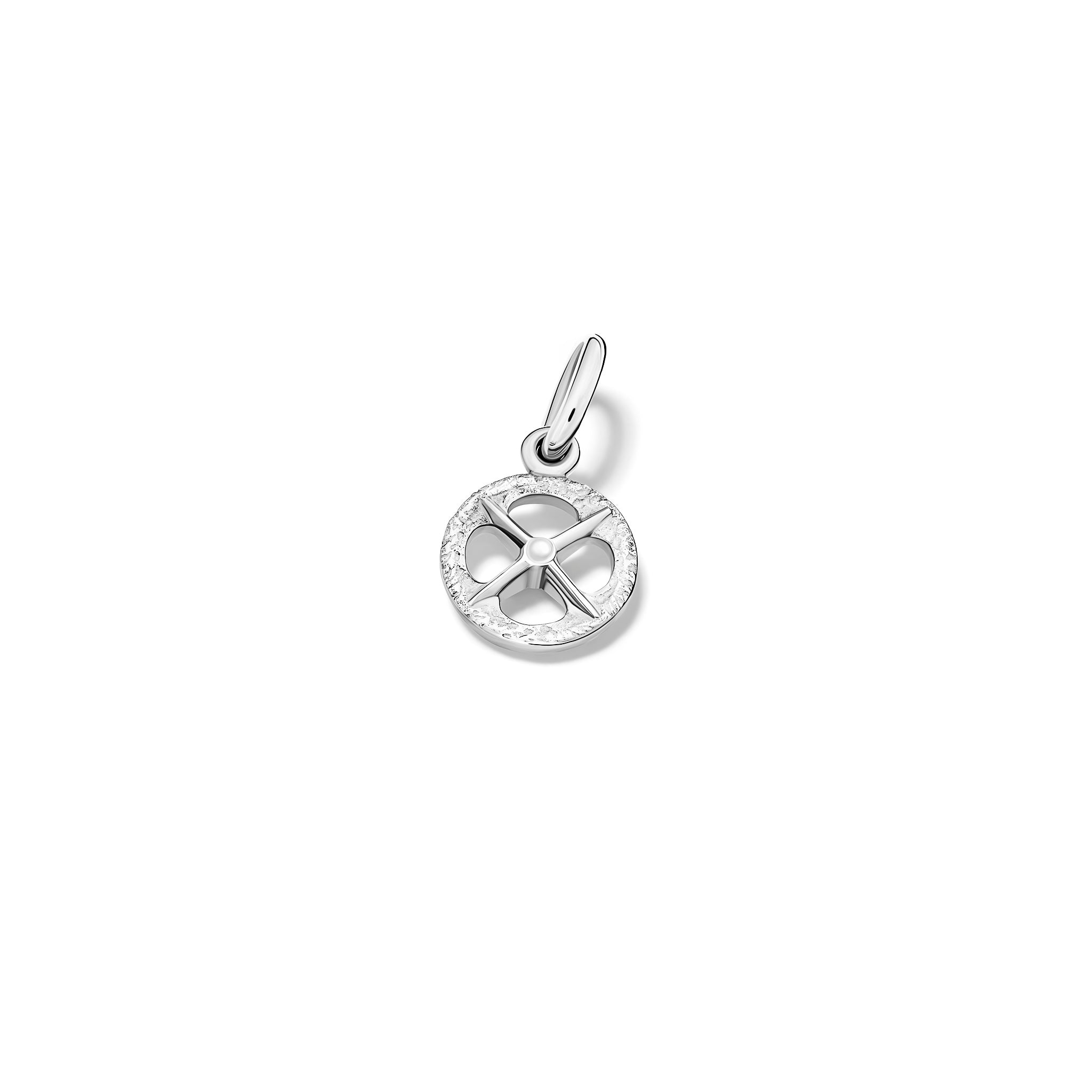 Handcrafted sterling silver necklace pendant with a circular motif and a cross in the middle.