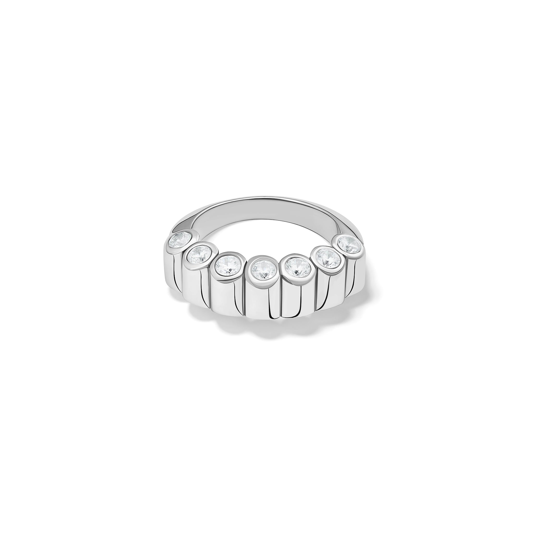 Handcrafted 18ct white gold eternity ring with diamonds on the side of the shank and smooth ridges along the top.