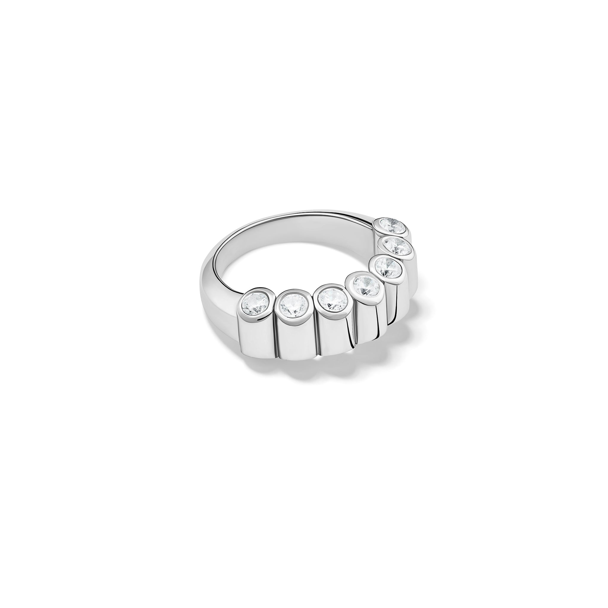 Handcrafted 18ct white gold eternity ring with diamonds on the side of the shank and smooth ridges along the top.