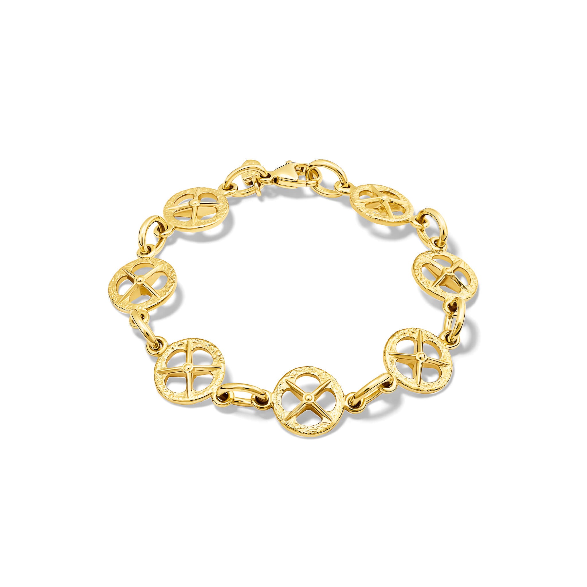 Handcrafted 9ct yellow gold link bracelet with a circular motif and a cross in the middle.