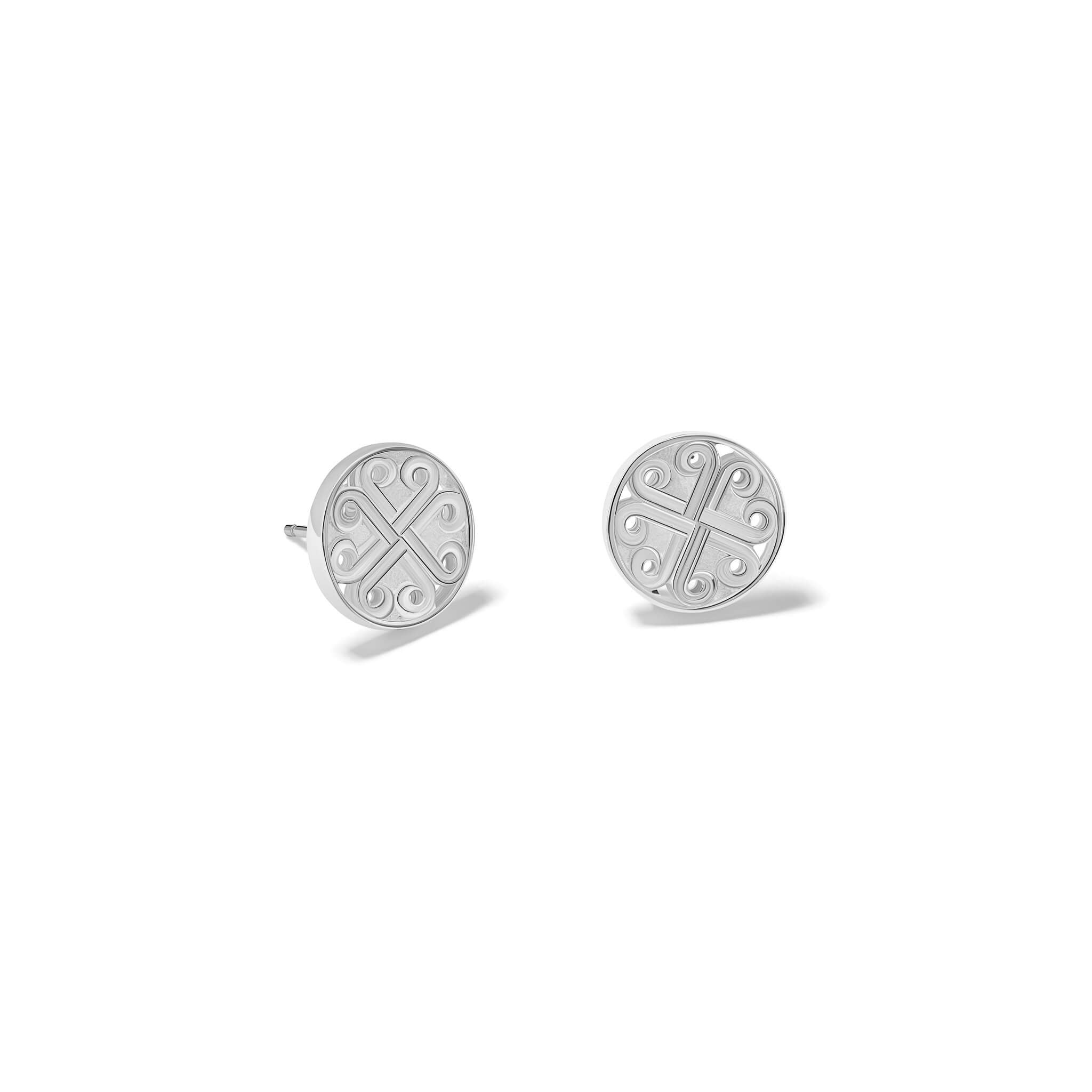 Handcrafted silver circular earring studs with a cross-like motif in the centre.