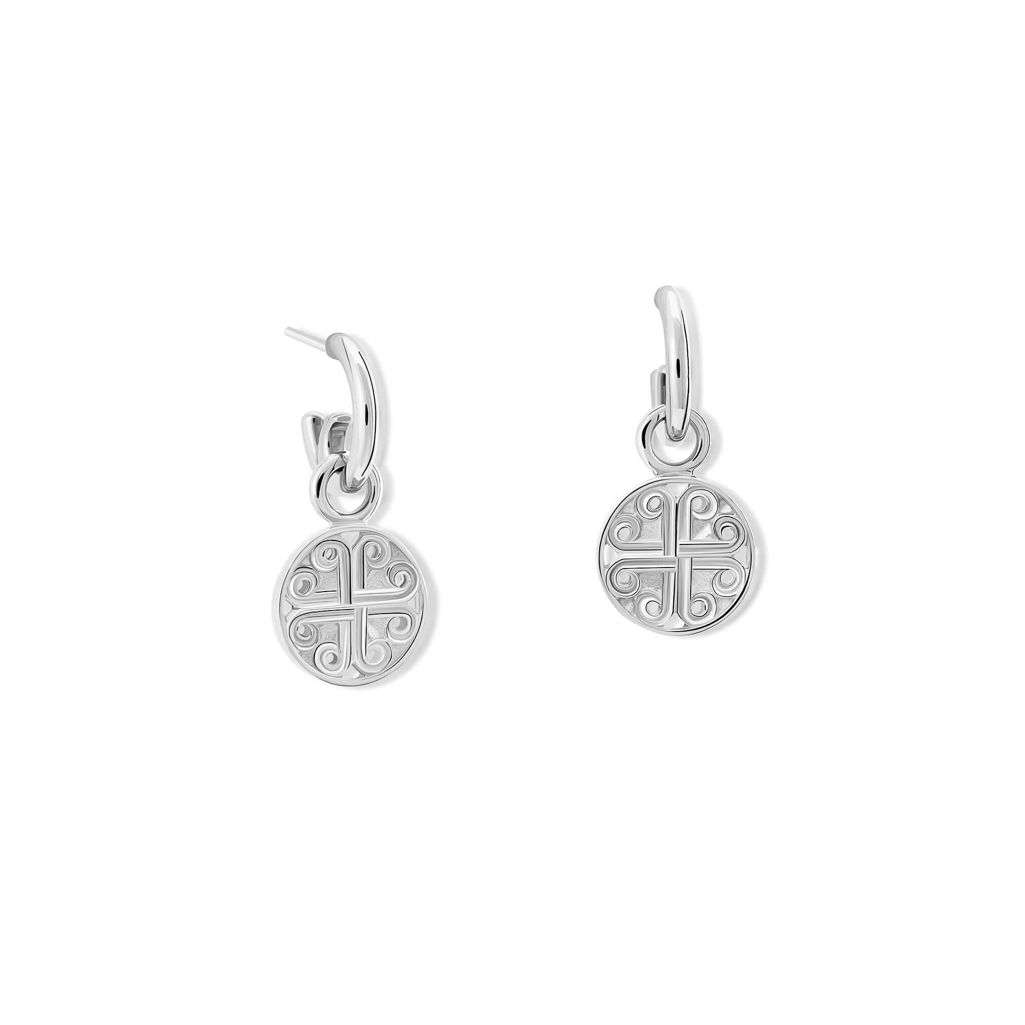 Handcrafted interchangeable silver circular earring drops with a cross-like motif in the centre.