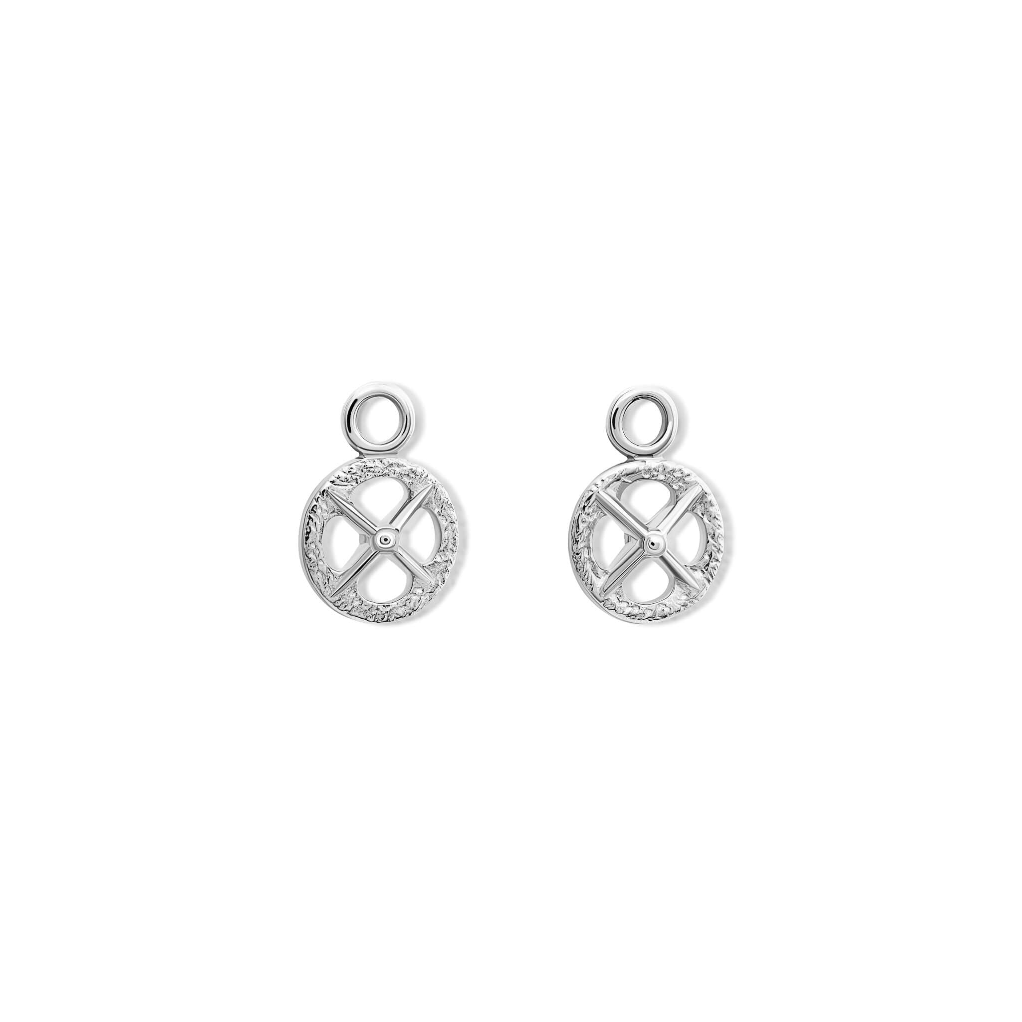 Handcrafted sterling silver interchangeable earring drops with a circular motif and a cross in the middle.