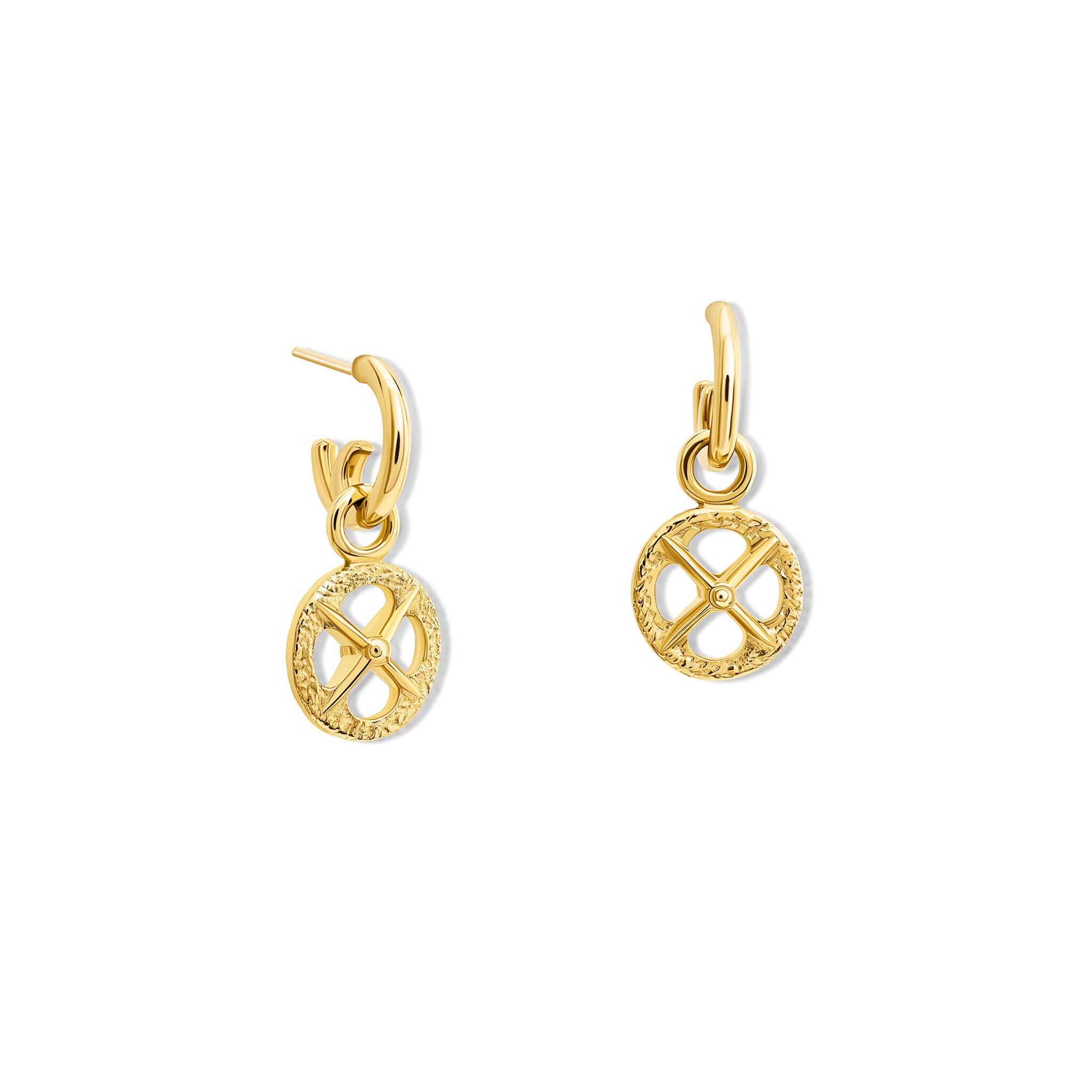 Handcrafted 9ct yellow gold interchangeable earring drops with a circular motif and a cross in the middle.