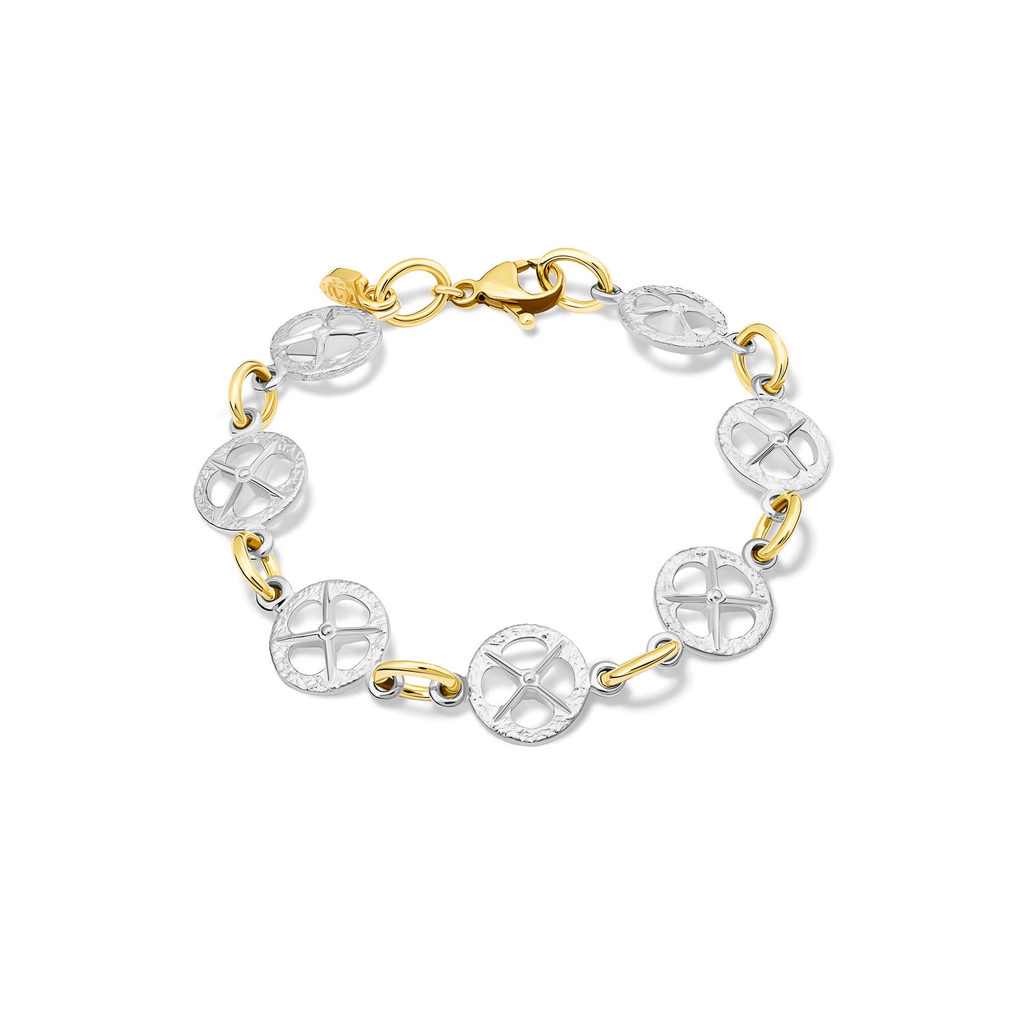 Handcrafted sterling silver and yellow gold bracelet with a circular motif and a cross in the middle.