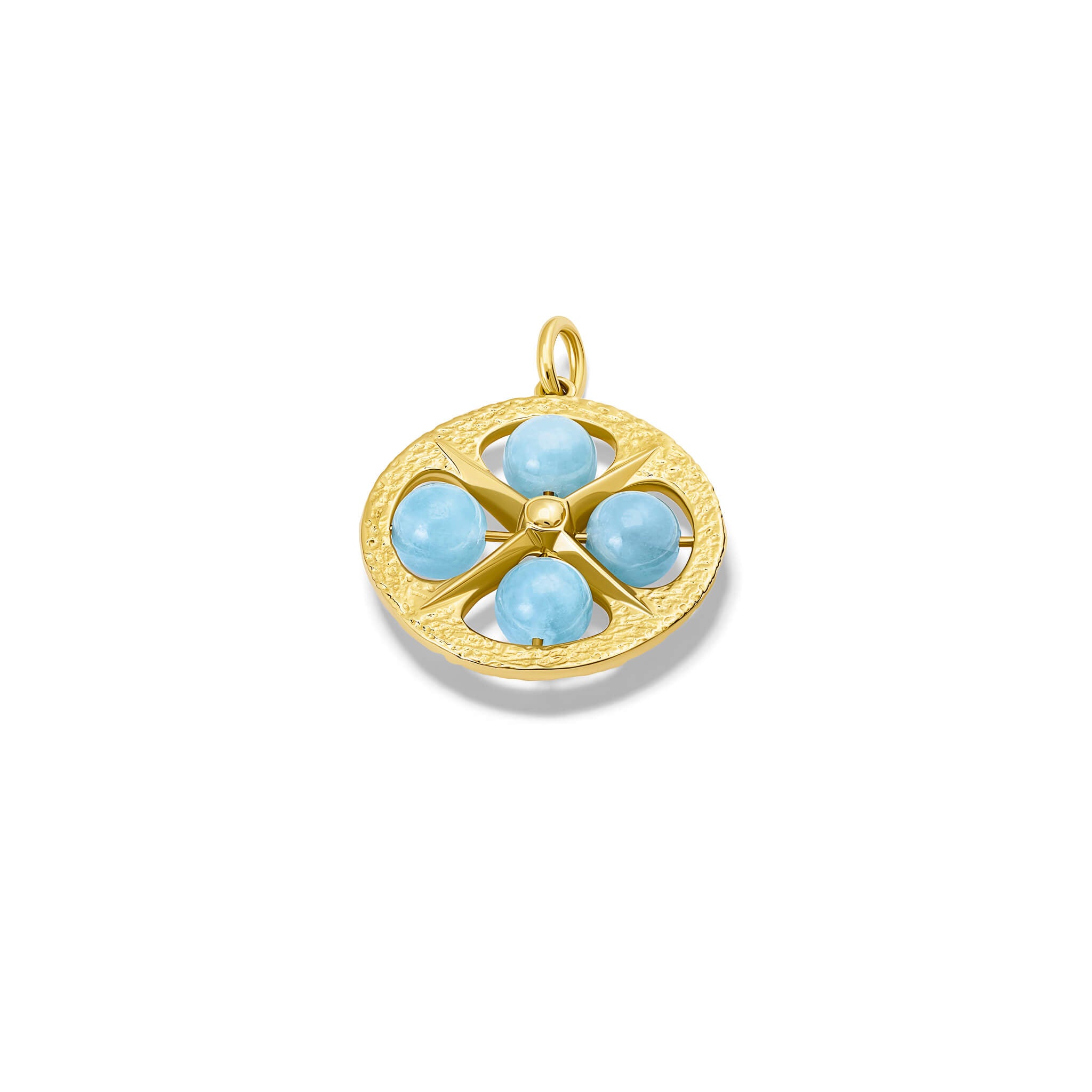 Handcrafted 9ct yellow gold necklace pendant with a circular motif and a cross in the middle and four aquamarine beads.