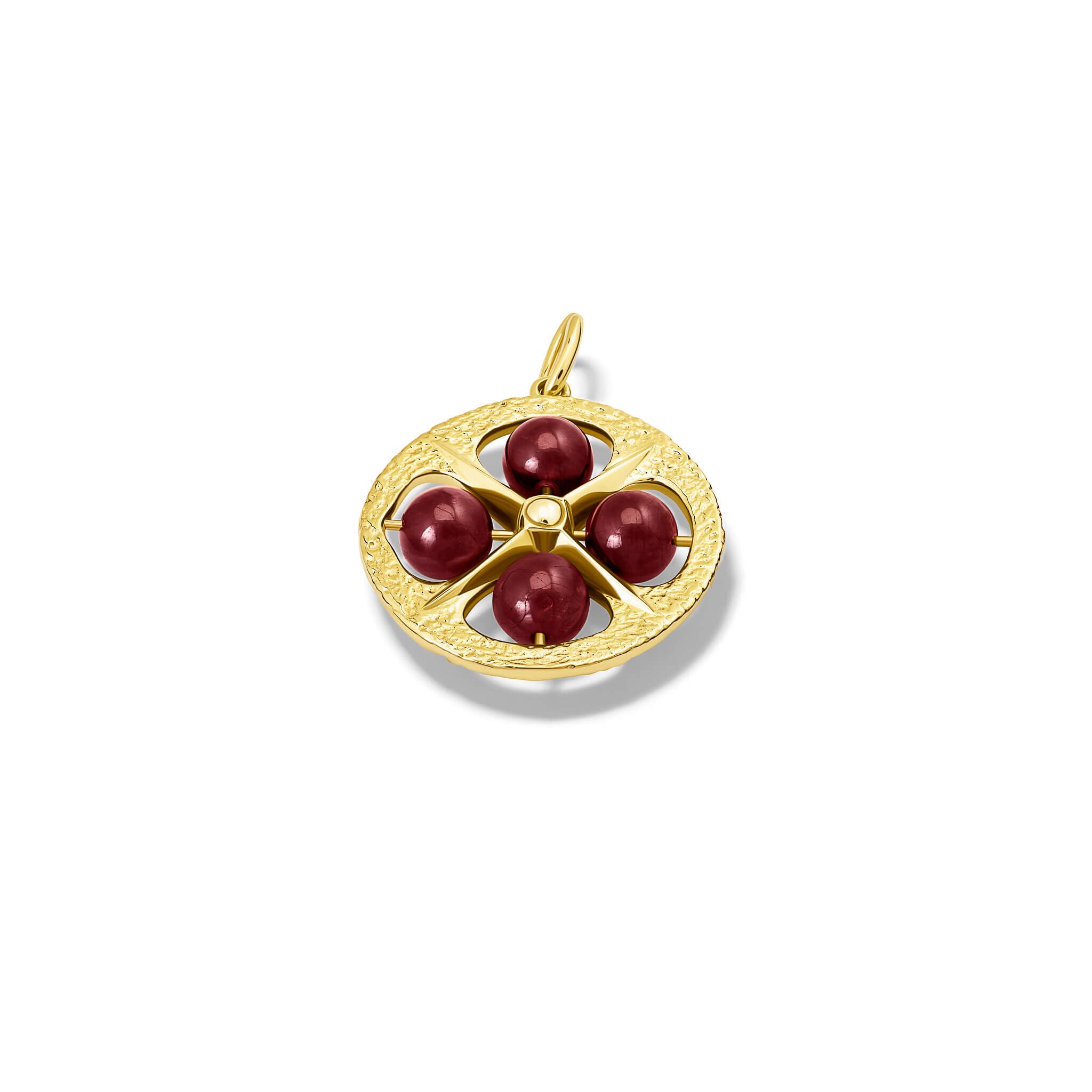 Handcrafted 9ct yellow gold necklace pendant with a circular motif and a cross in the middle and four garnet beads.