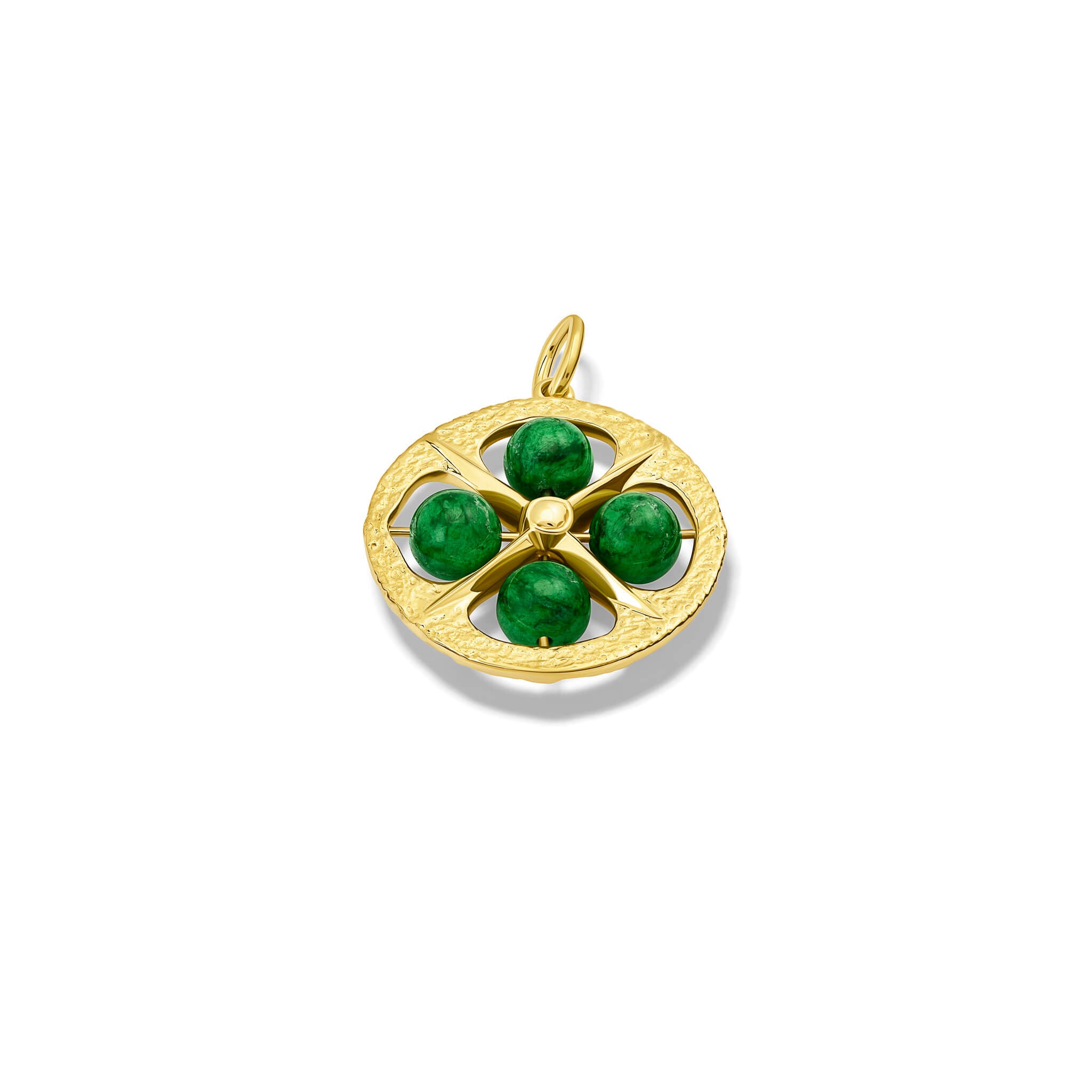 Handcrafted 9ct yellow gold necklace pendant with a circular motif and a cross in the middle and four chloromelanite beads.