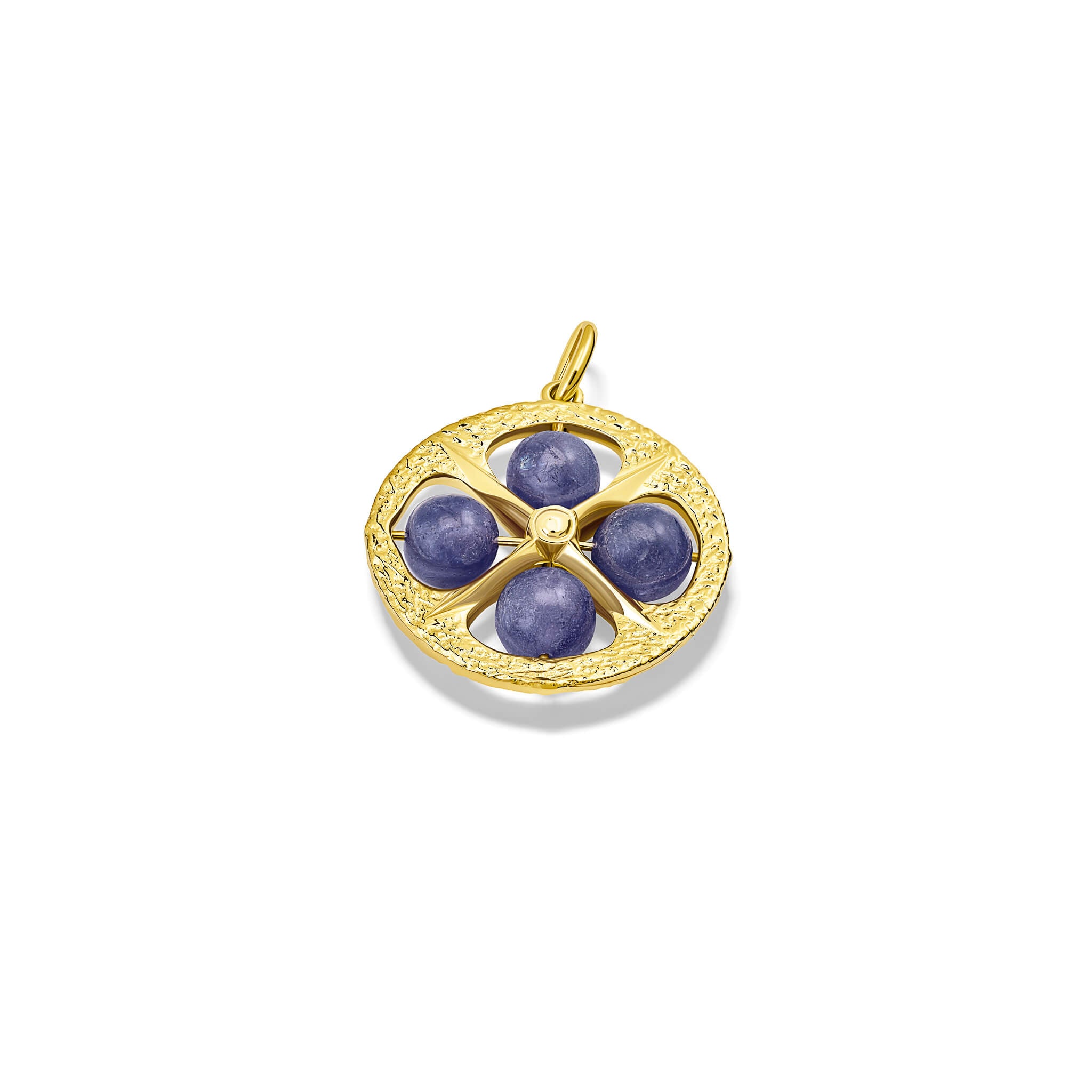 Handcrafted 9ct yellow gold necklace pendant with a circular motif and a cross in the middle and four tanzanite beads.