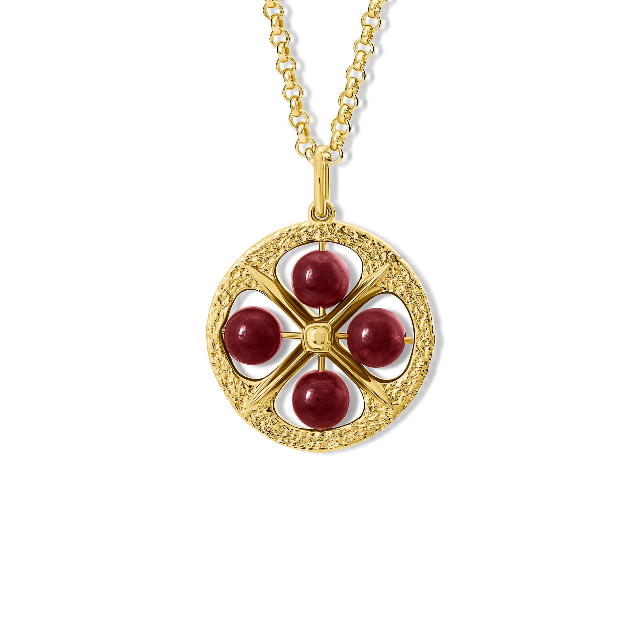 Handcrafted 9ct yellow gold necklace pendant with a circular motif and a cross in the middle and four garnet beads.