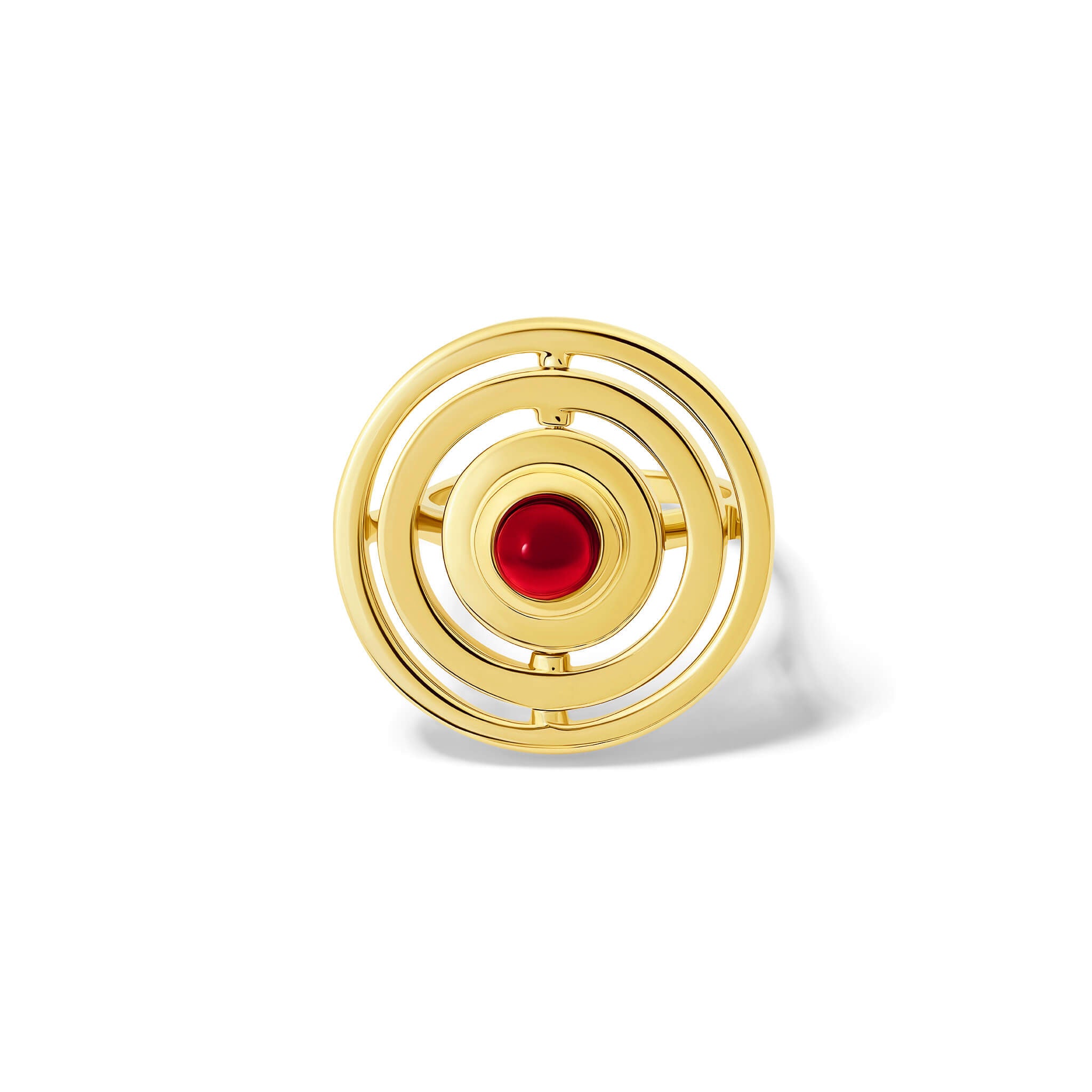Handcrafted 9ct yellow gold cocktail ring featuring three concentric circles with movement and a central cabochon red garnet.