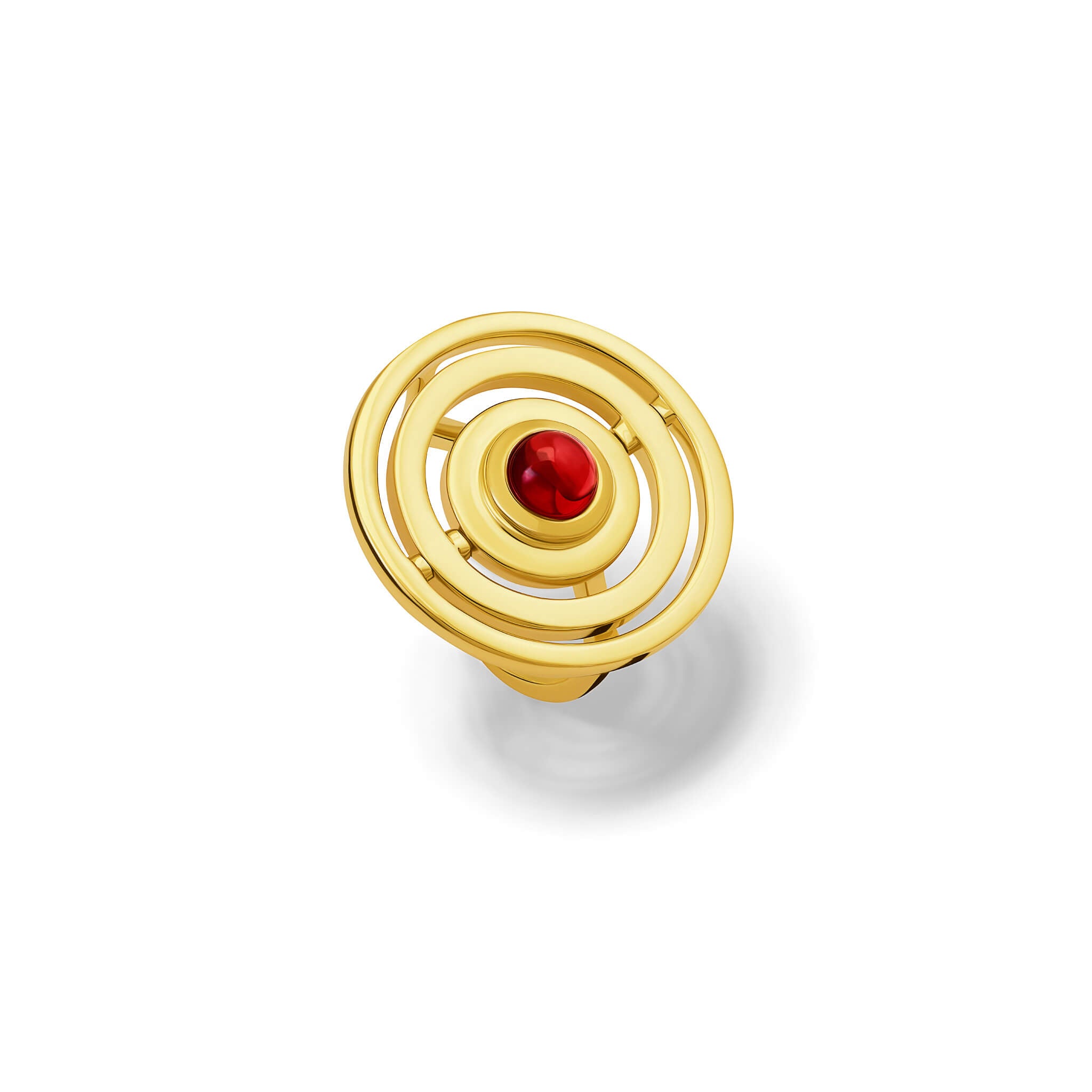 Handcrafted 9ct yellow gold cocktail ring featuring three concentric circles with movement and a central cabochon red garnet.