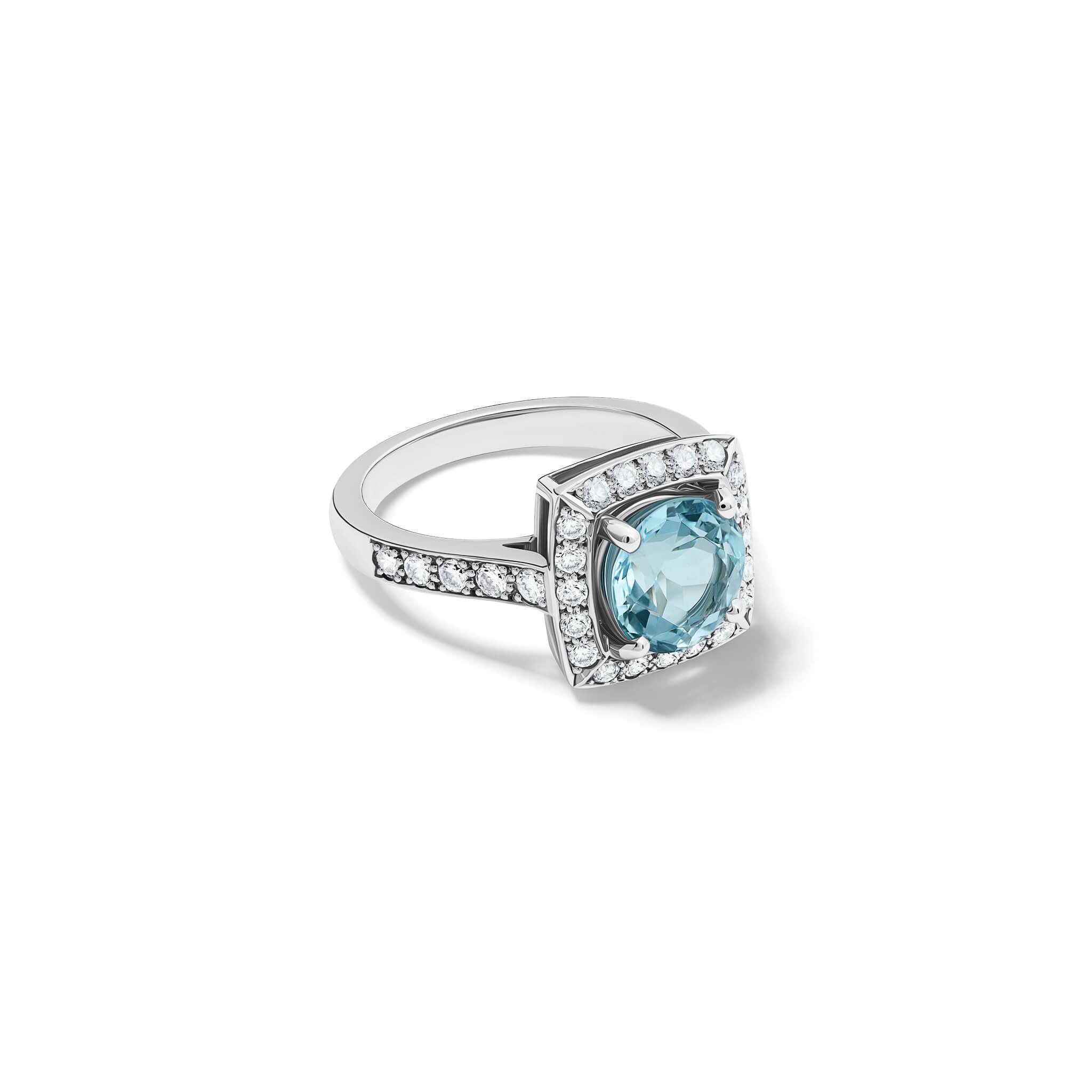 Handcrafted engagement ring in 18ct white gold with a central round cut aquamarine surrounded by a square halo of pavé diamonds with a pavé diamond shank.