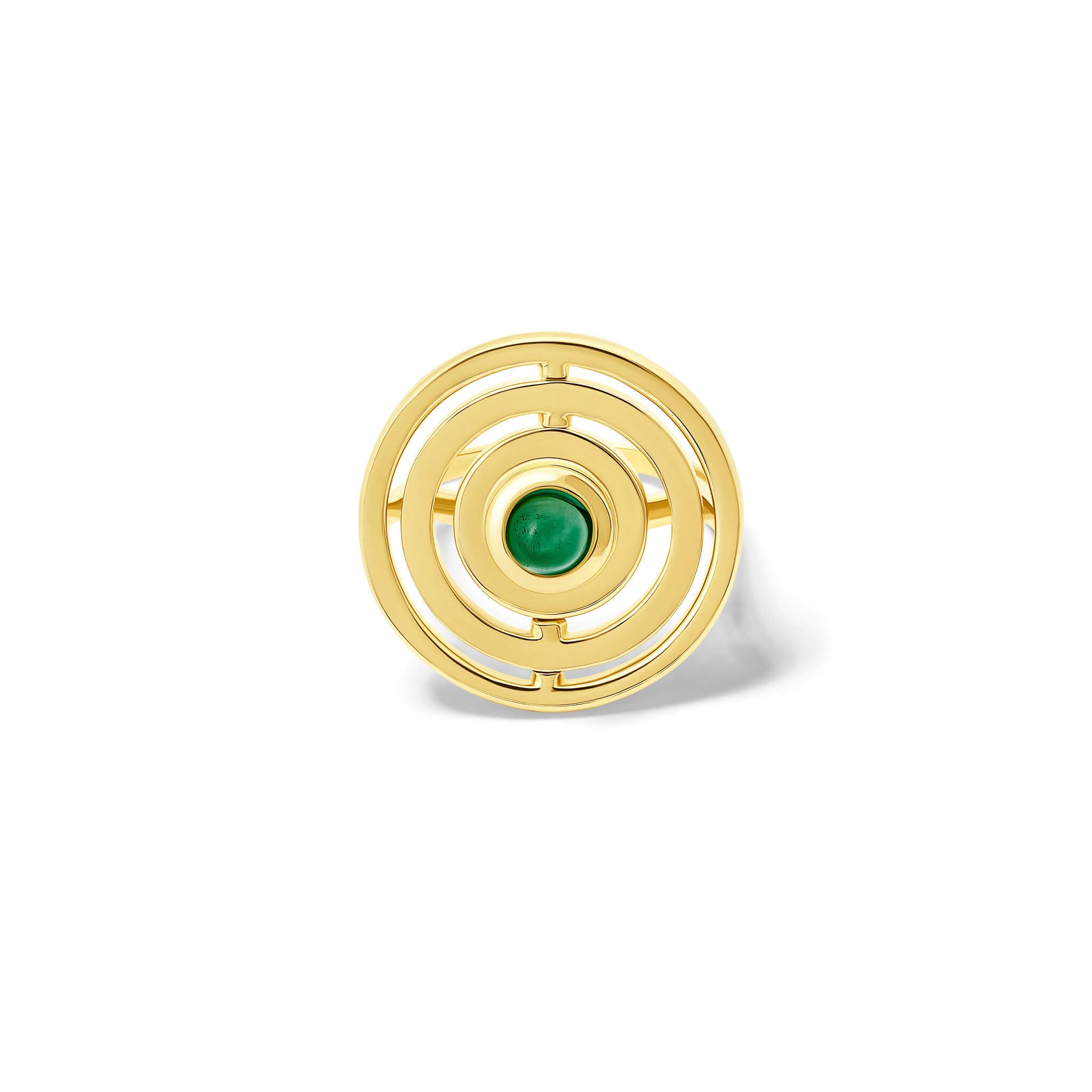 Handcrafted 9ct yellow gold cocktail ring featuring three concentric circles with movement and a central cabochon green tourmaline.