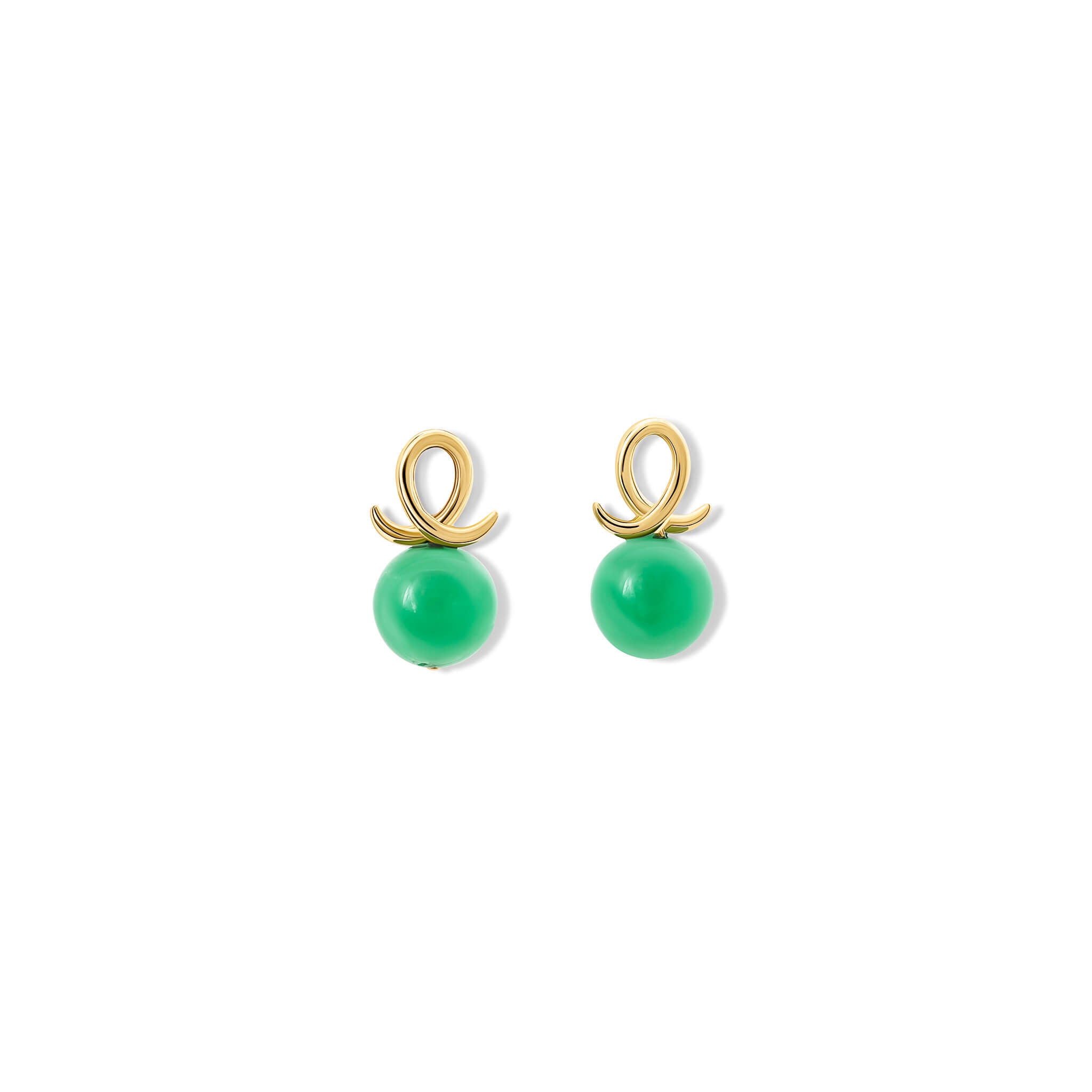 Handcrafted 9ct yellow gold earring drops with round fine green chrysoprase and an oval loop shape crossing over.