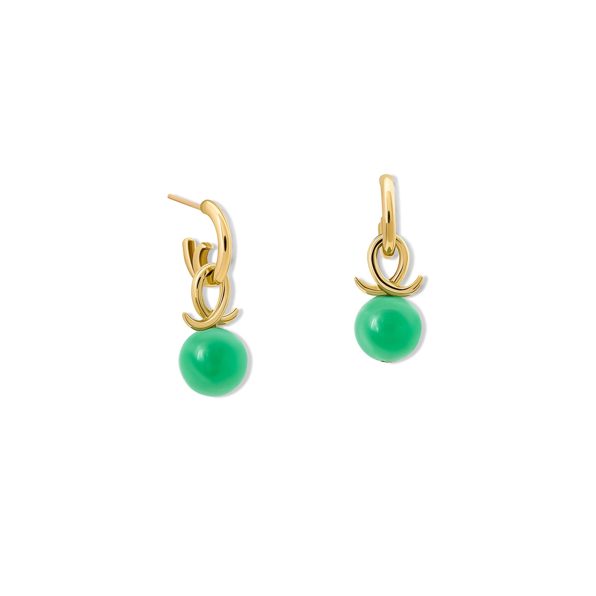 Handcrafted 9ct yellow gold earring drops with round fine green chrysoprase and an oval loop shape crossing over.
