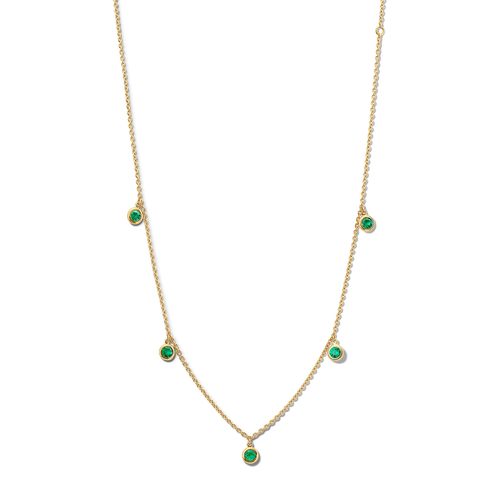 Handcrafted 18ct yellow gold necklace with five round emerald dops, birthstone of May.