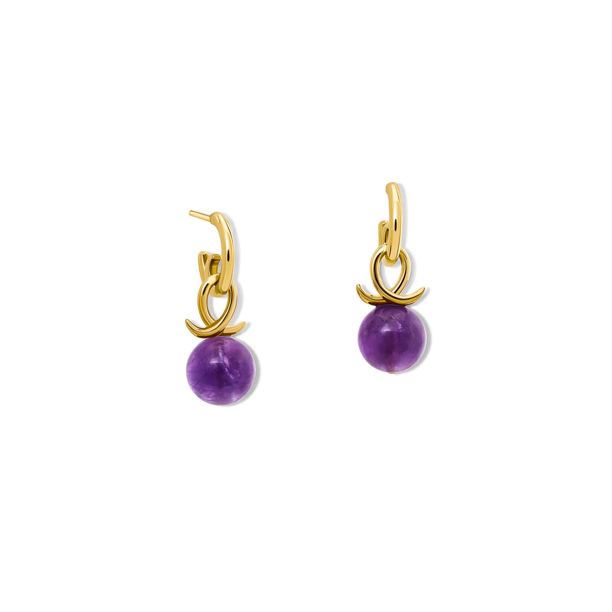 Handcrafted 9ct yellow gold earring drops with round amethyst and an oval loop shape crossing over.