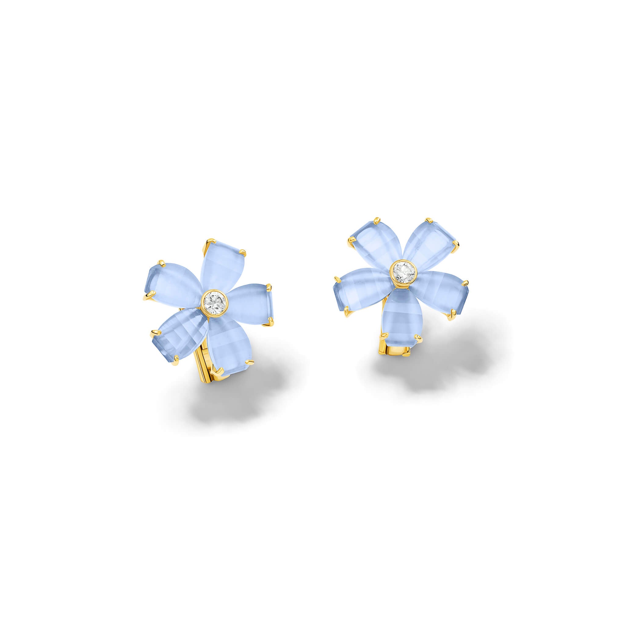 Handcrafted yellow gold flower earring studs featuring five blue chalcedony petals and a central diamond.