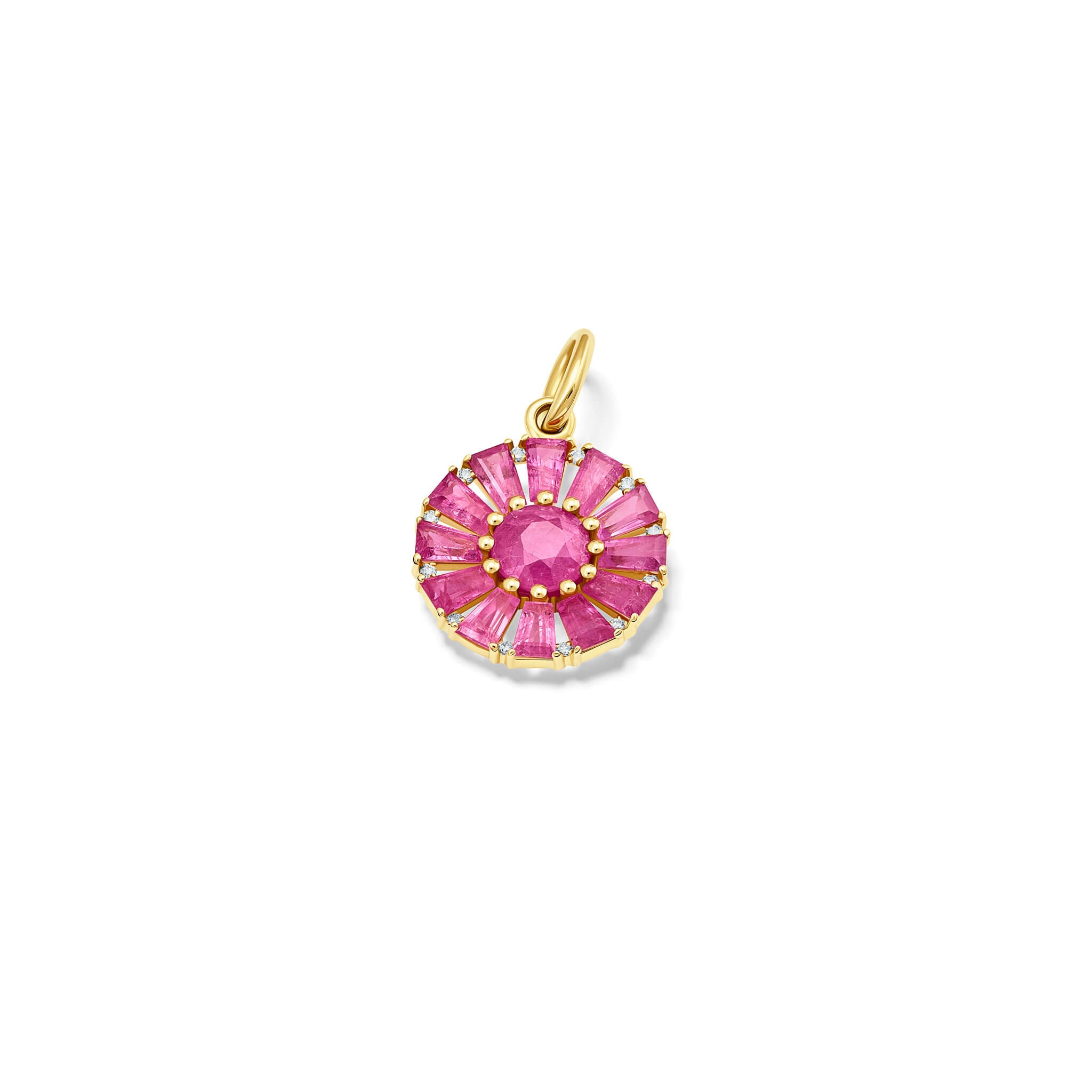 Handcrafted 18ct yellow gold necklace pendant featuring a circular arrangement of pink sapphire and a central pink sapphire interspaced with diamonds.