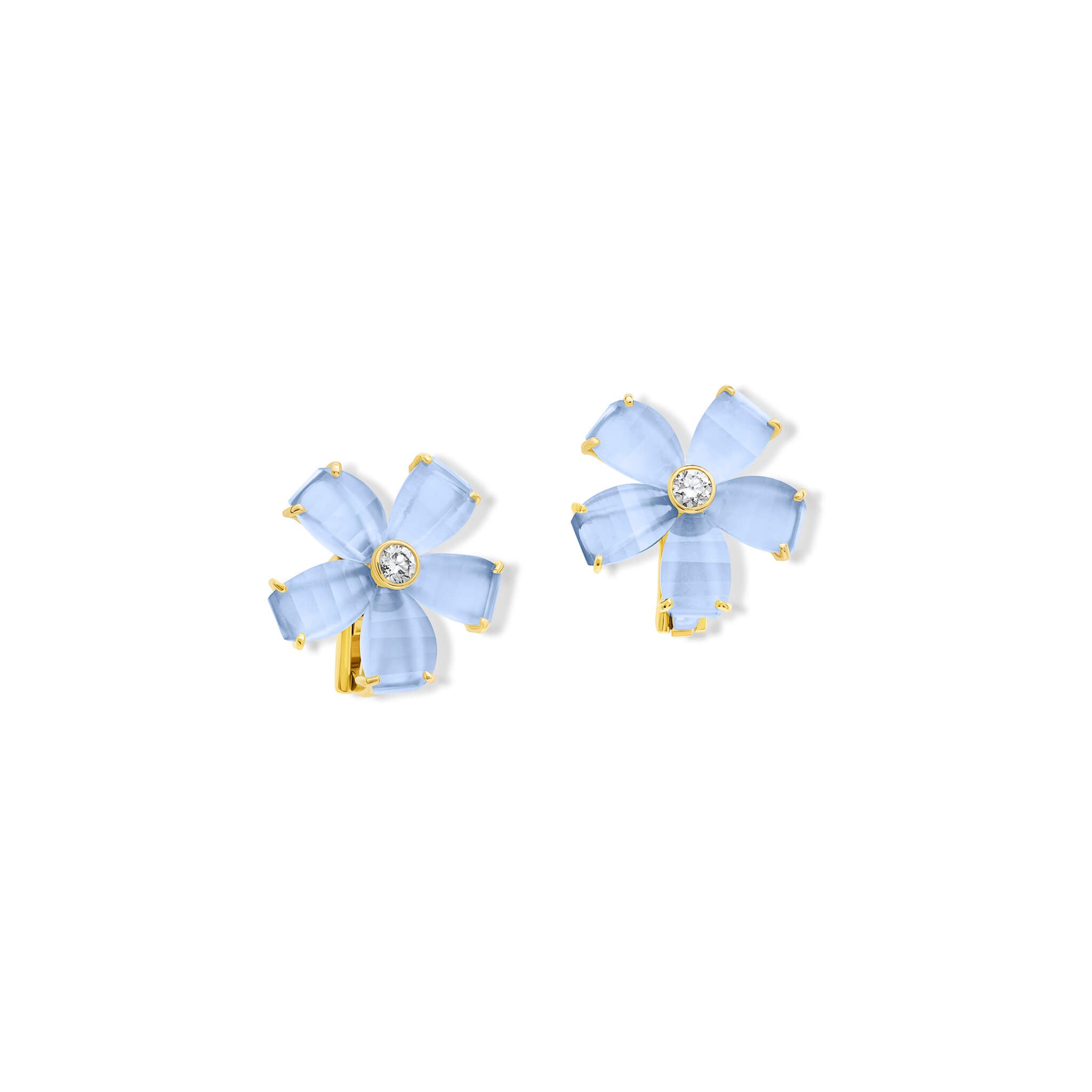 Handcrafted yellow gold flower earring studs featuring five blue chalcedony petals and a central diamond.
