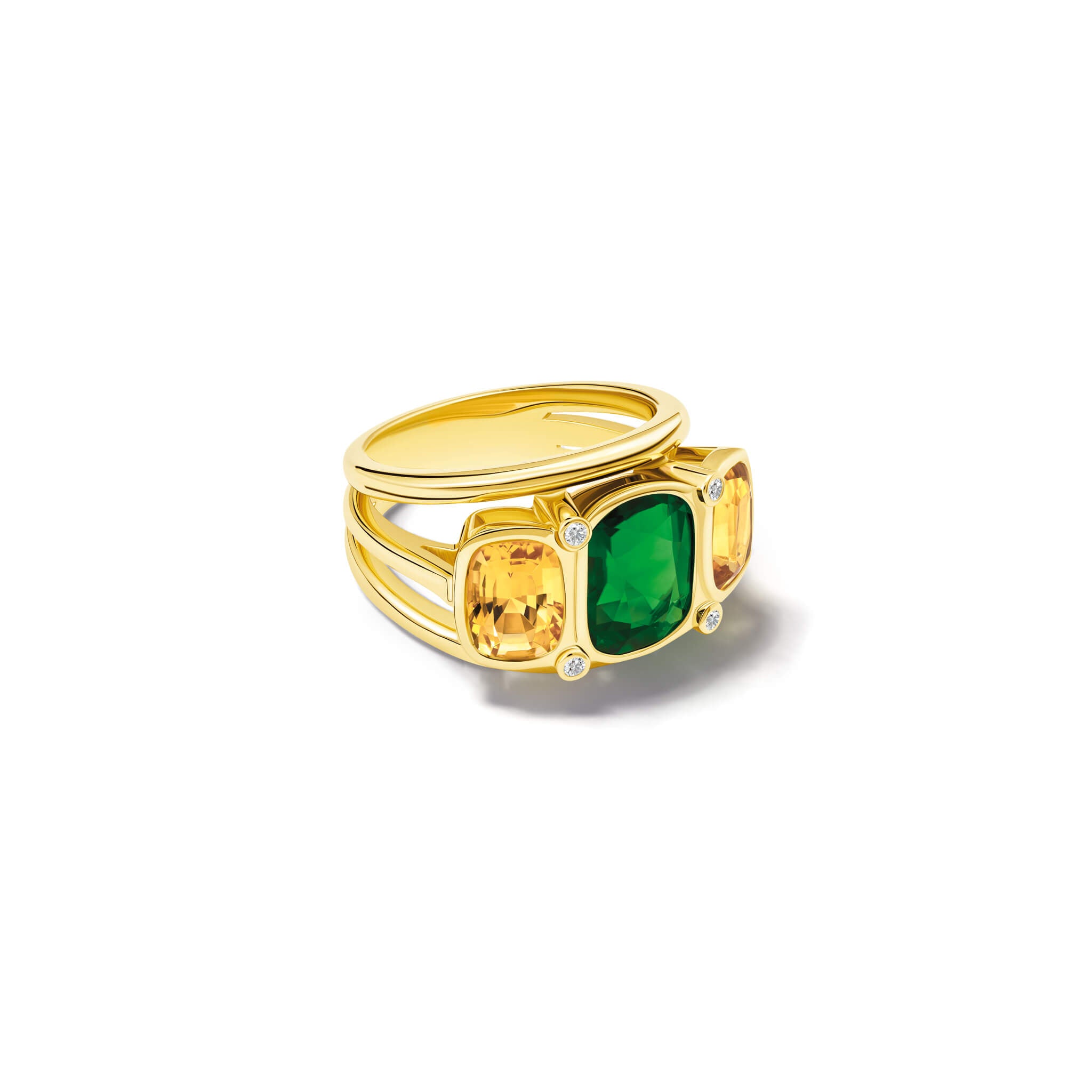Handcrafted 18ct yellow gold ring featuring a central rectangular shaped green tourmaline, two citrines and diamonds.