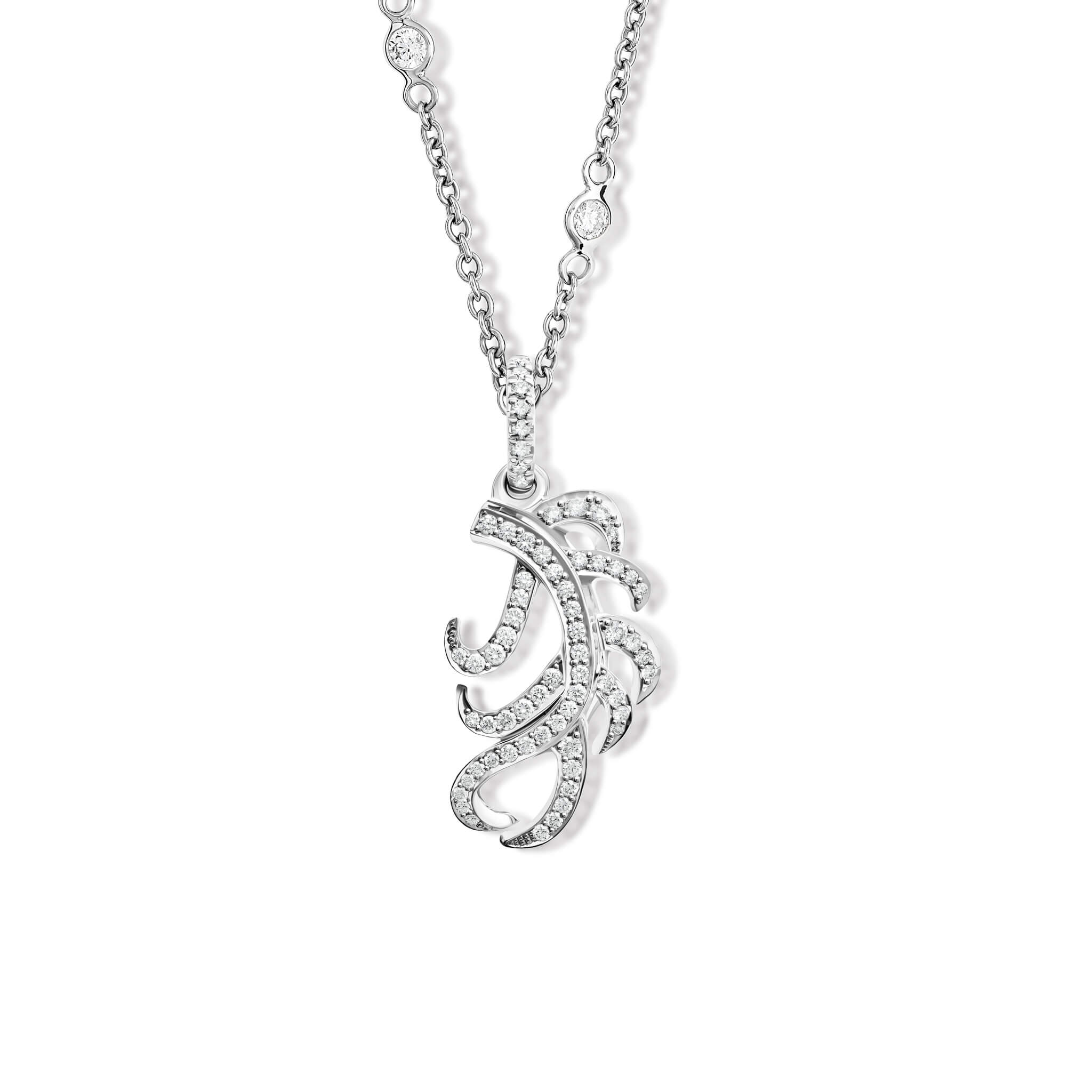Handcrafted necklace pendant in the shape of a feather plume in 18ct white gold with diamond pavé.