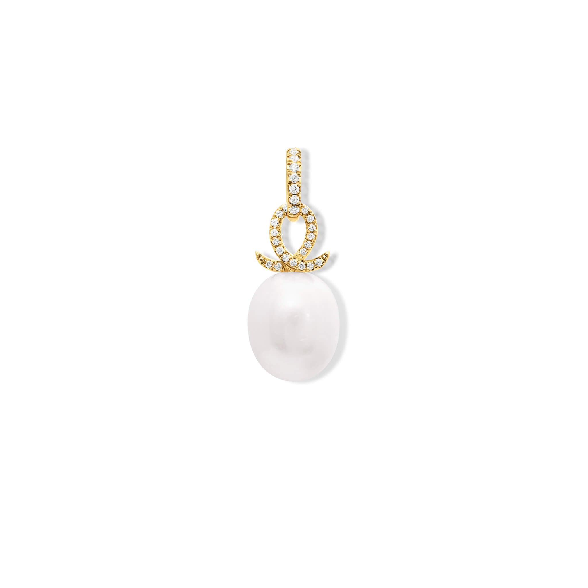 Handcrafted 18ct yellow gold necklace pendant with an oval pearl and a diamond oval loop shape crossing over.