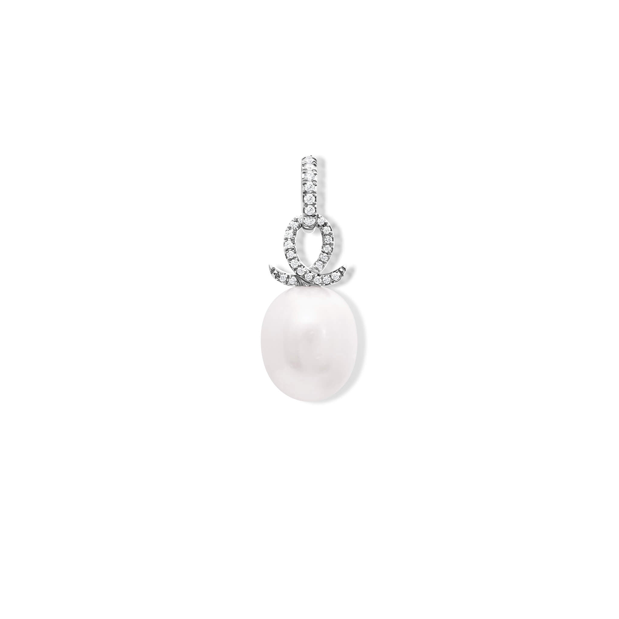 Handcrafted 18ct white gold necklace pendant with an oval pearl and a diamond oval loop shape crossing over.