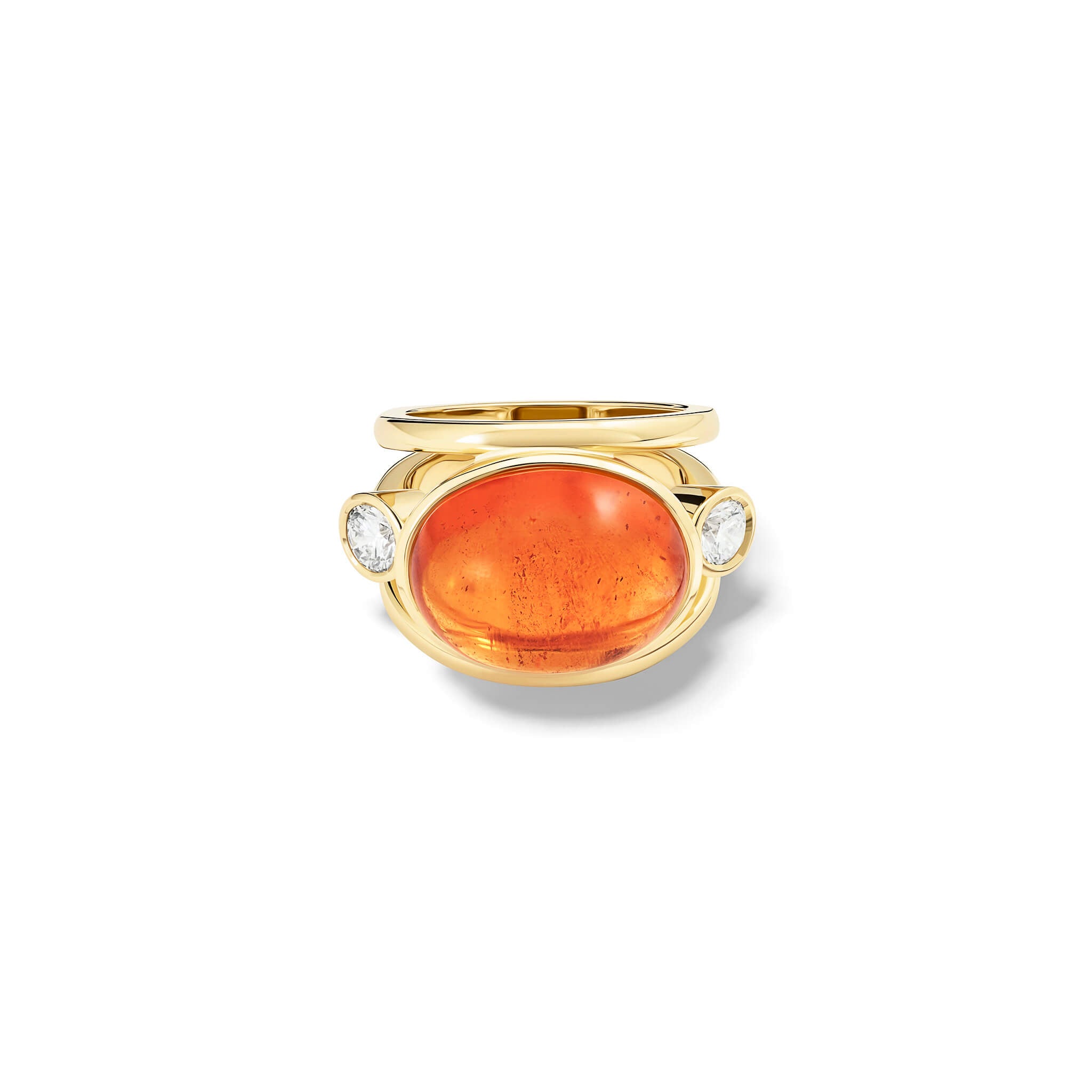 Handcrafted aeneus ring in 18ct yellow gold with oval cabochon cut mandarin garnet and diamond, inspired by Aeneas of Troy, January birthstone