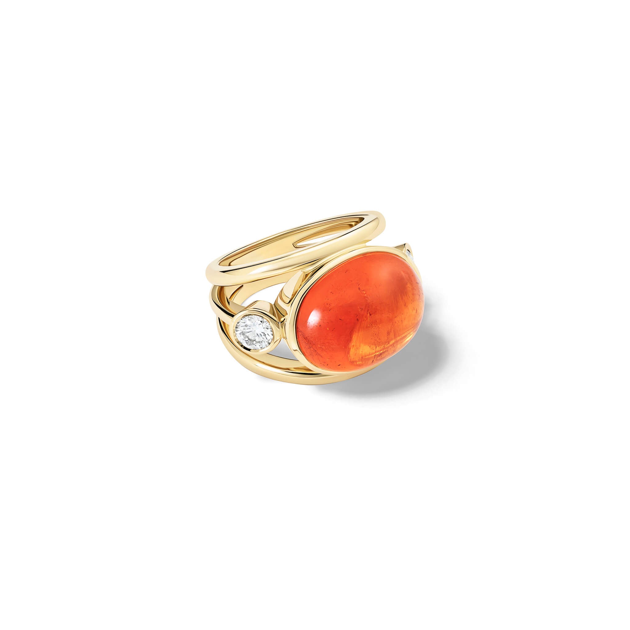 Handcrafted aeneus ring in 18ct yellow gold with oval cabochon cut mandarin garnet and diamond, inspired by Aeneas of Troy, January birthstone