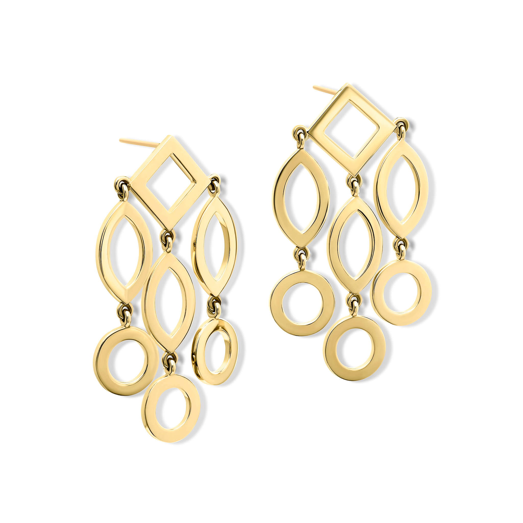 Handcrafted yellow gold earrings featuring circular and oval shapes.