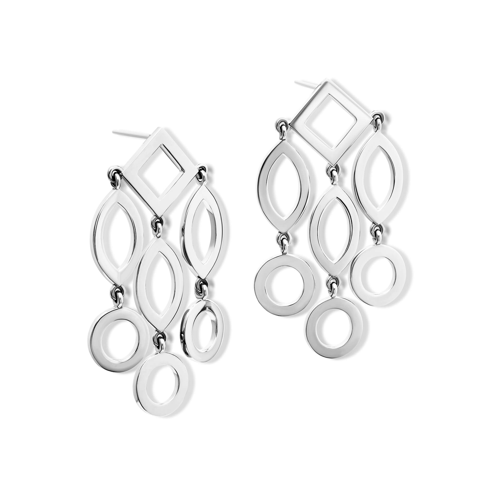 Handcrafted silver earrings featuring circular and oval shapes.