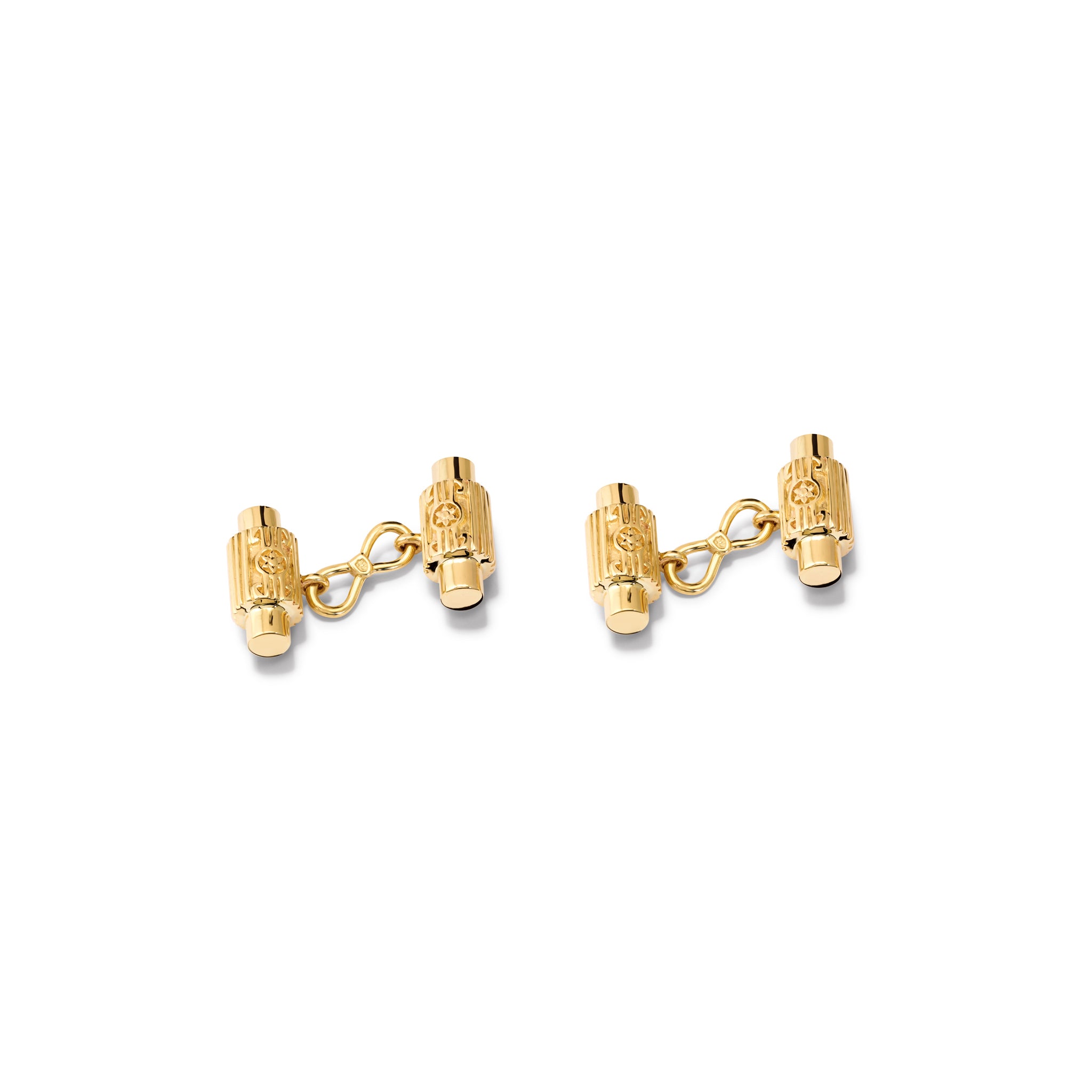 Handcrafted yellow gold double ended cufflinks featuring a textured column shape.