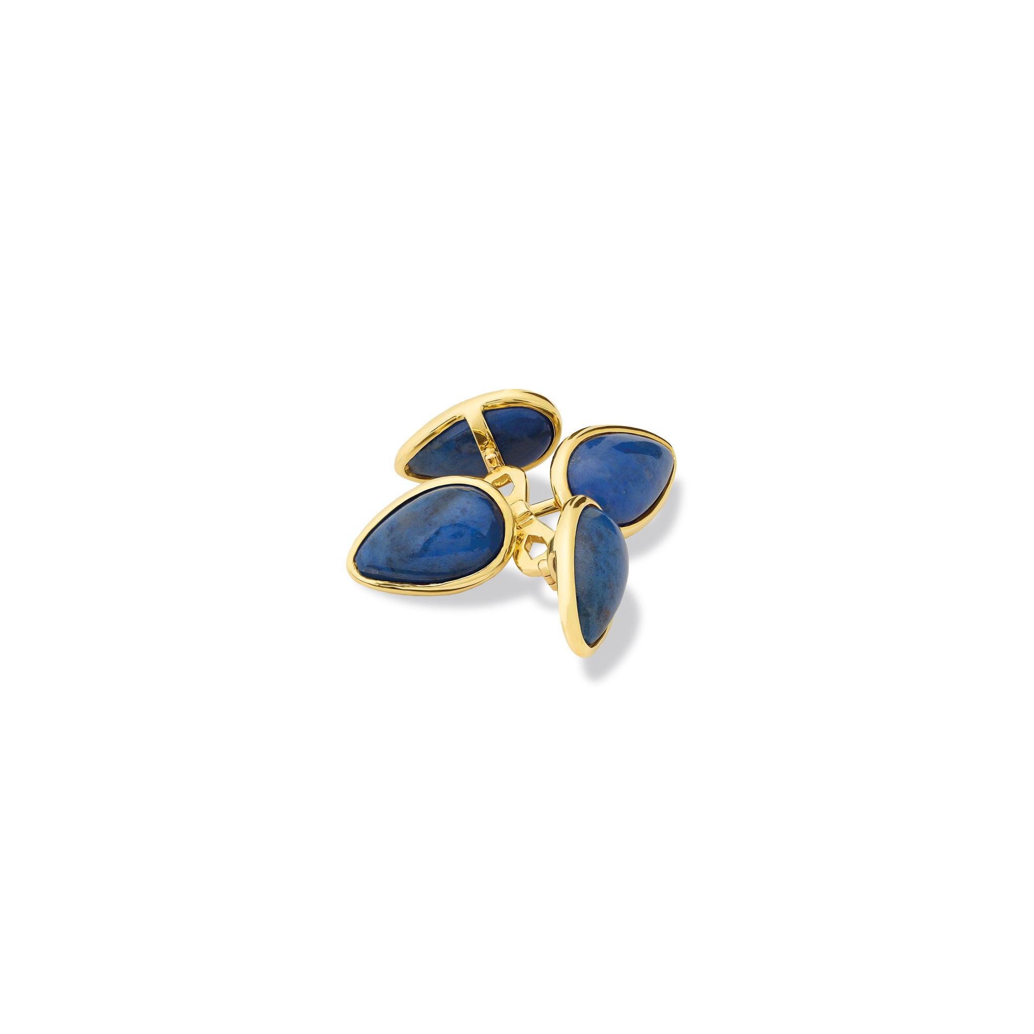 Handcrafted yellow gold double ended cufflinks featuring teardrop shaped lapis lazuli gemstones.