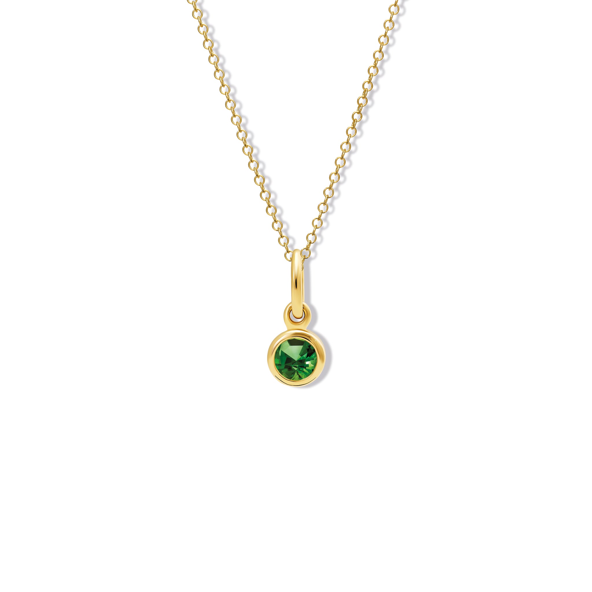 Handcrafted necklace pendant in yellow gold featuring a round chrome diopside drop.