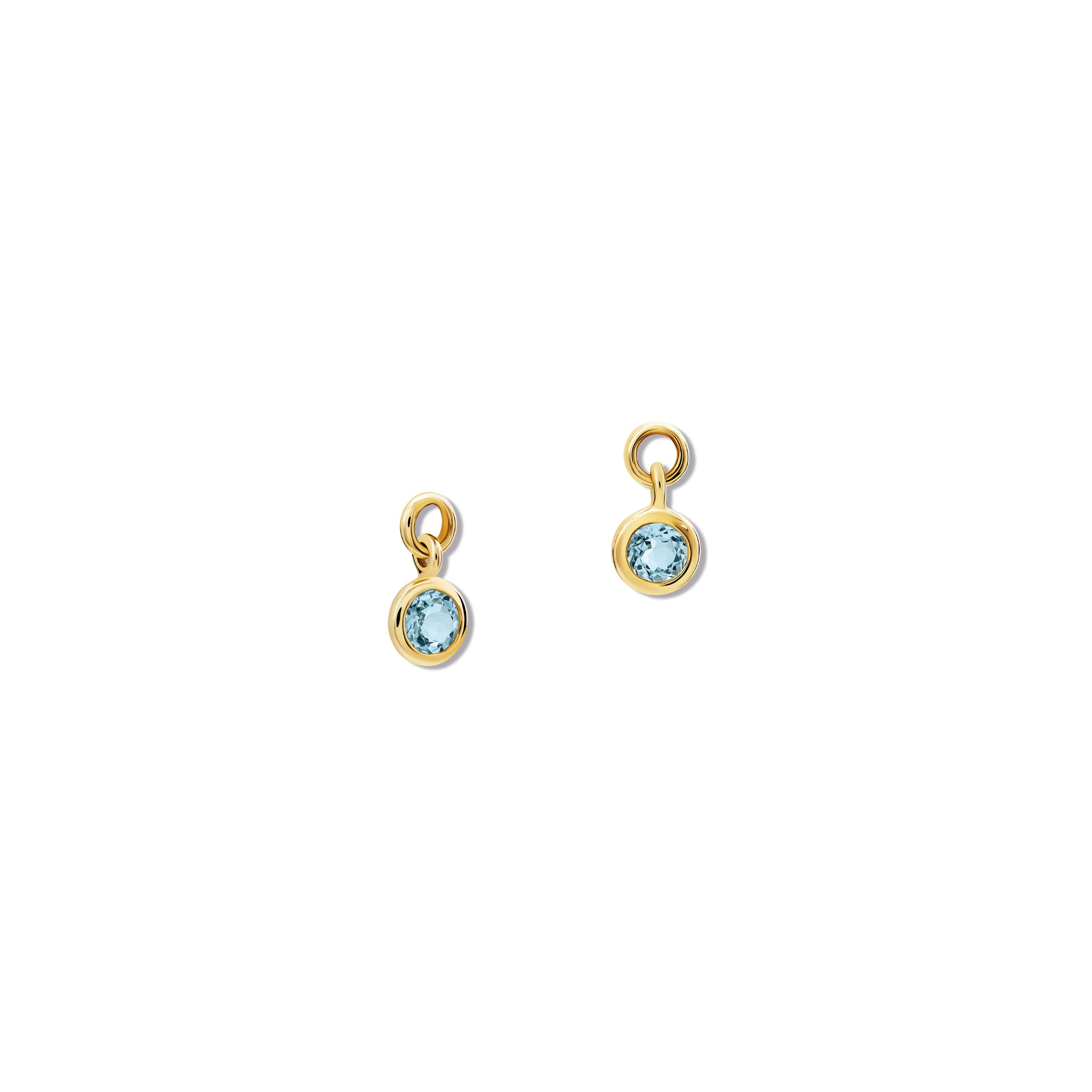 Handcrafted round yellow gold earring drops with blue topaz, birthstone of November.