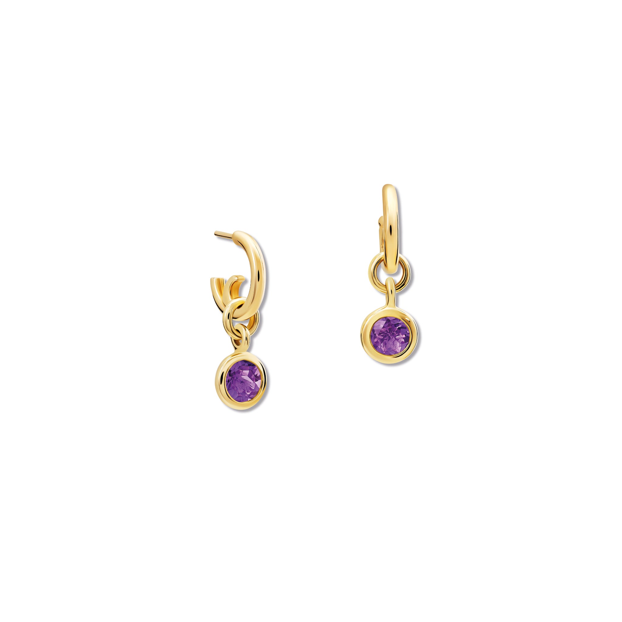 Handcrafted round yellow gold earring drops with amethyst, birthstone of February.
