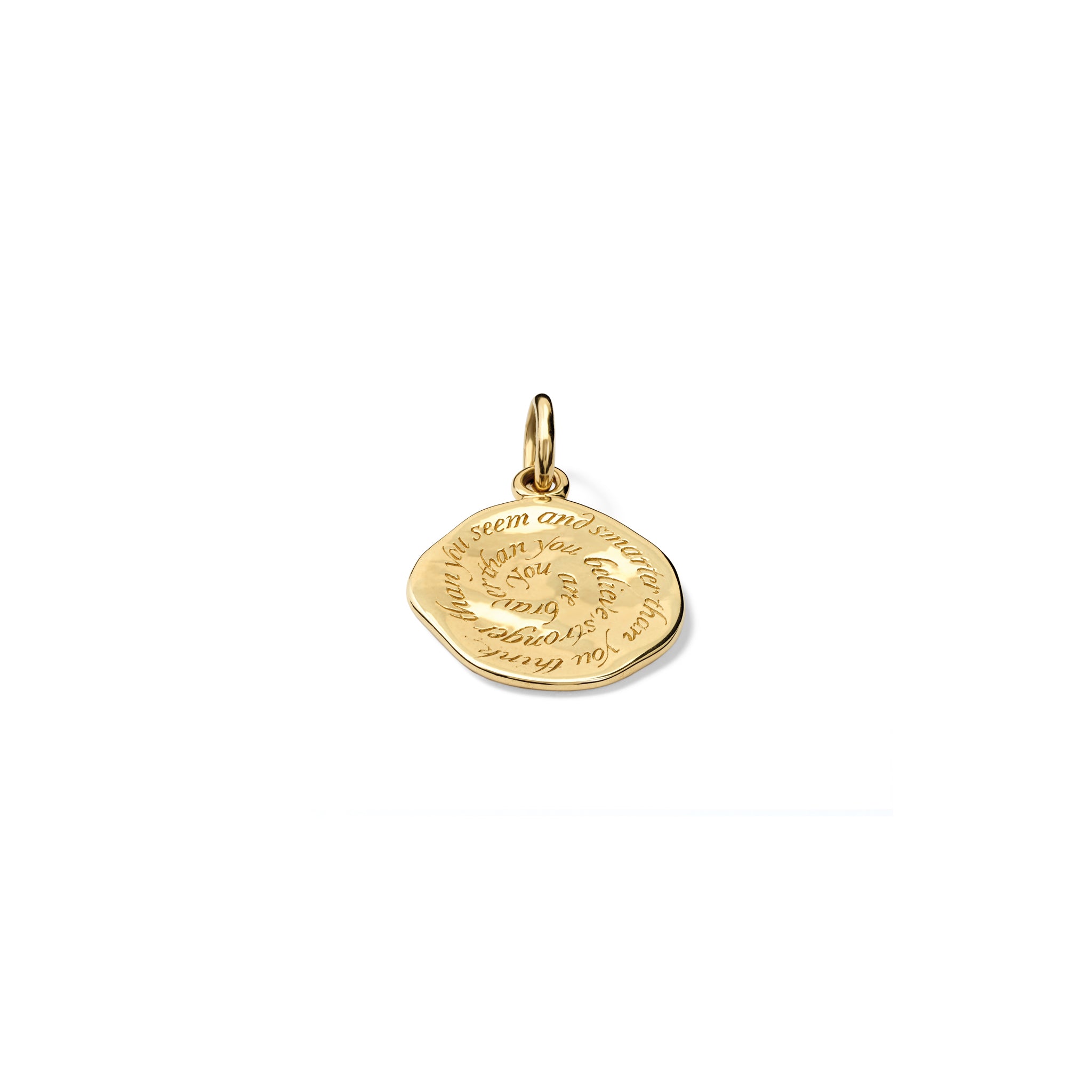 Handcrafted yellow gold round necklace pendant engraved with the quote, 'You are braver than you believe, stronger than you seem and smarter than you think.'