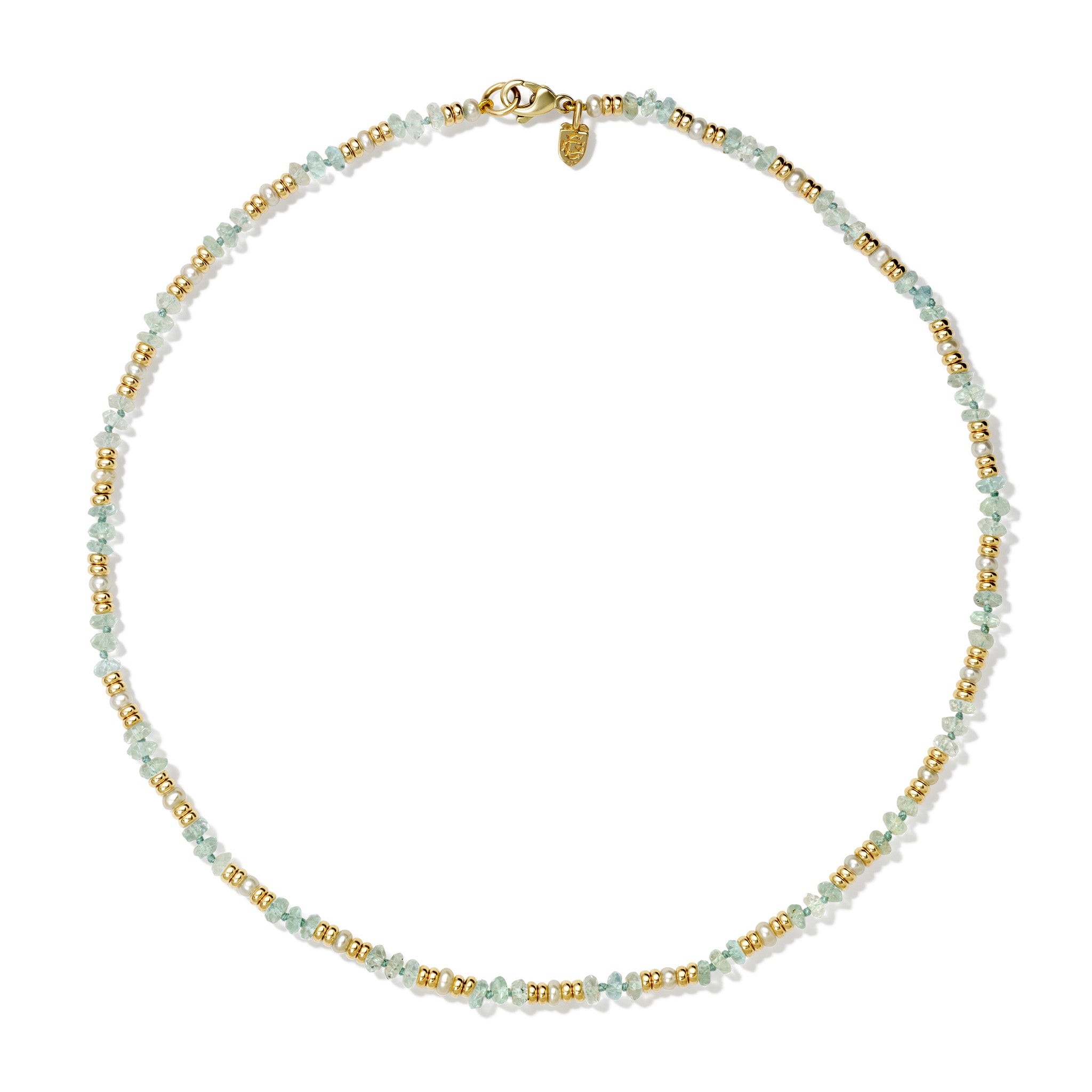 Handcrafted yellow gold necklace with aquamarines and pearls.