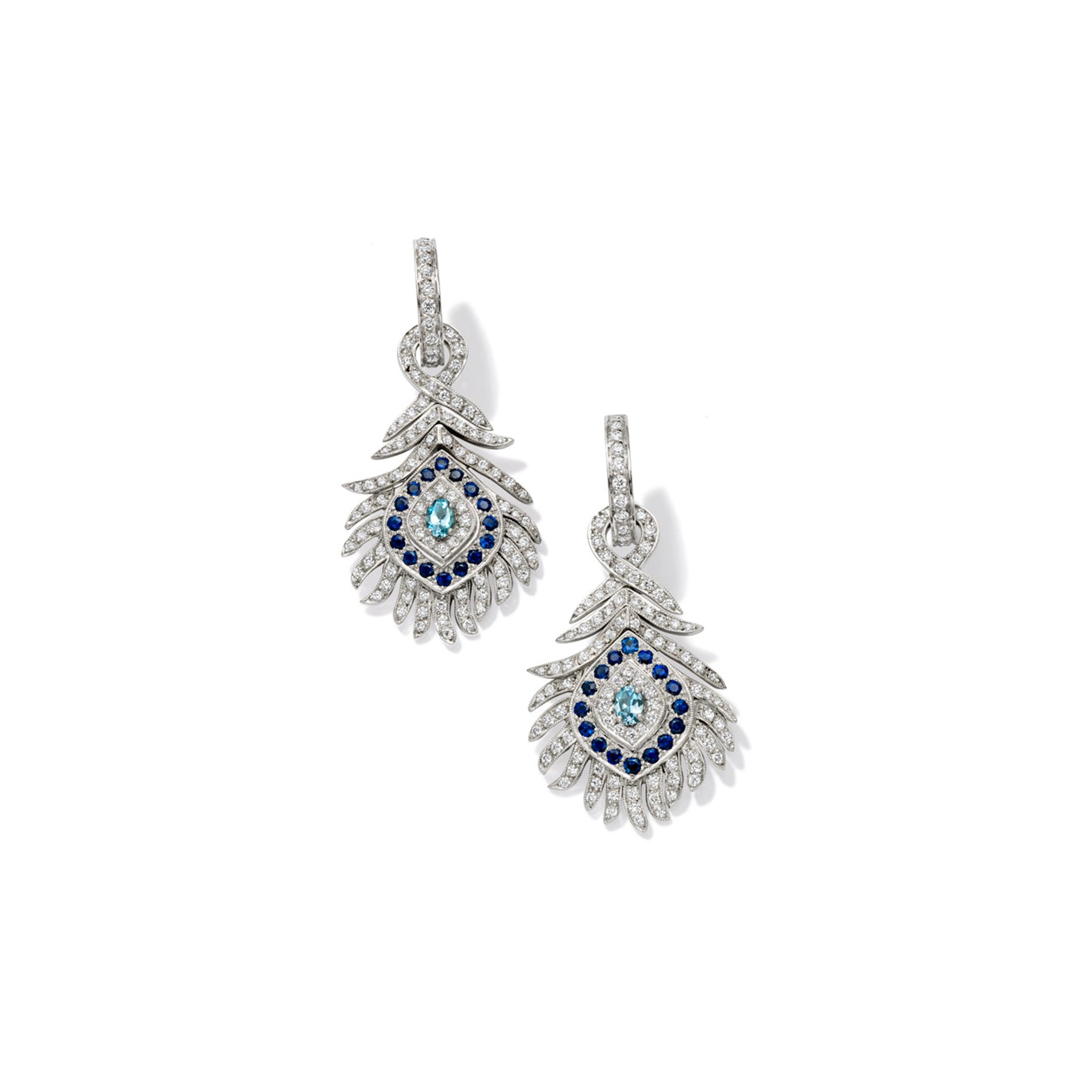 Handcrafted 18ct white gold earring drops featuring a peacock feather shape with sapphires, aquamarines and diamonds.