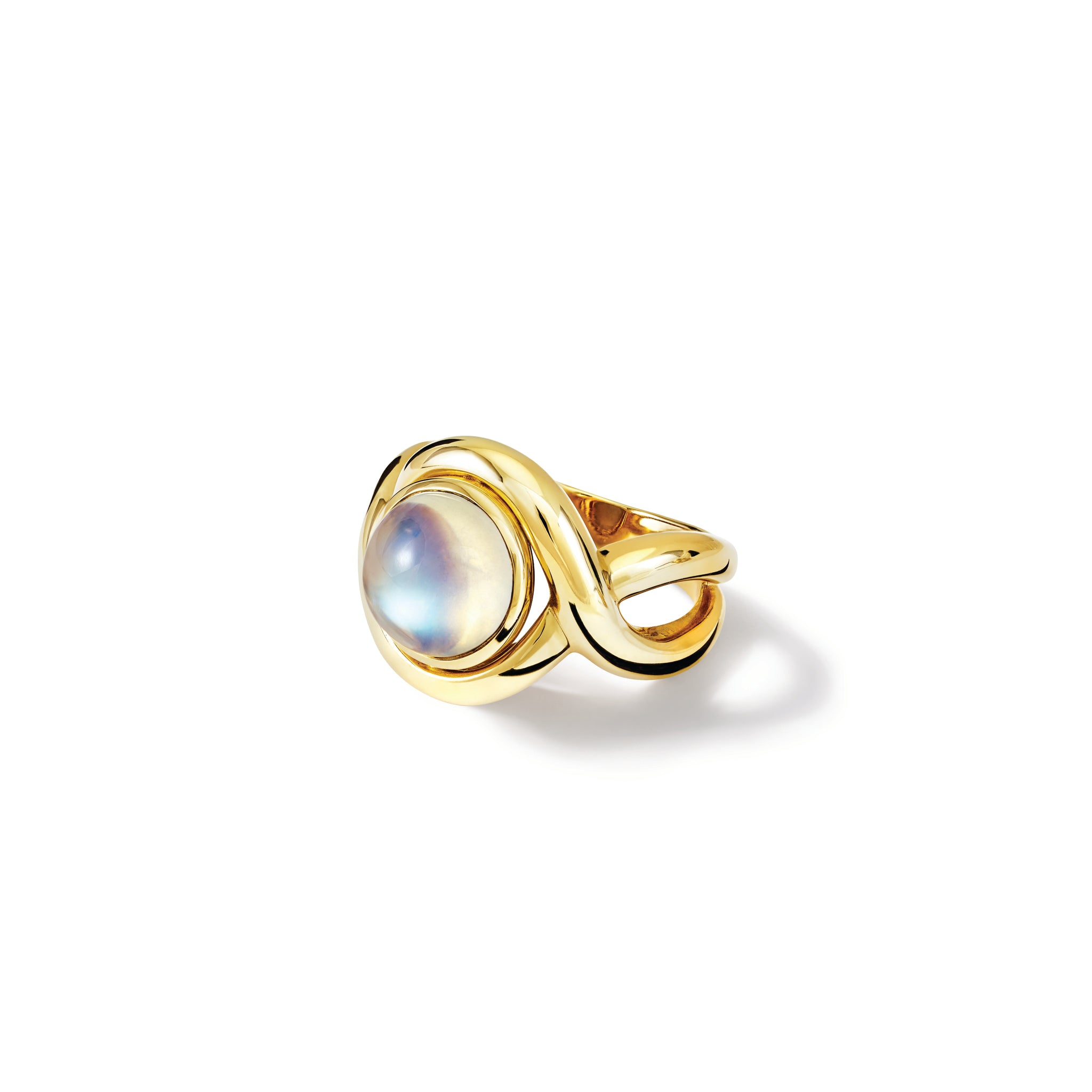 Handcrafted yellow gold ring featuring curved shanks with a round moonstone.