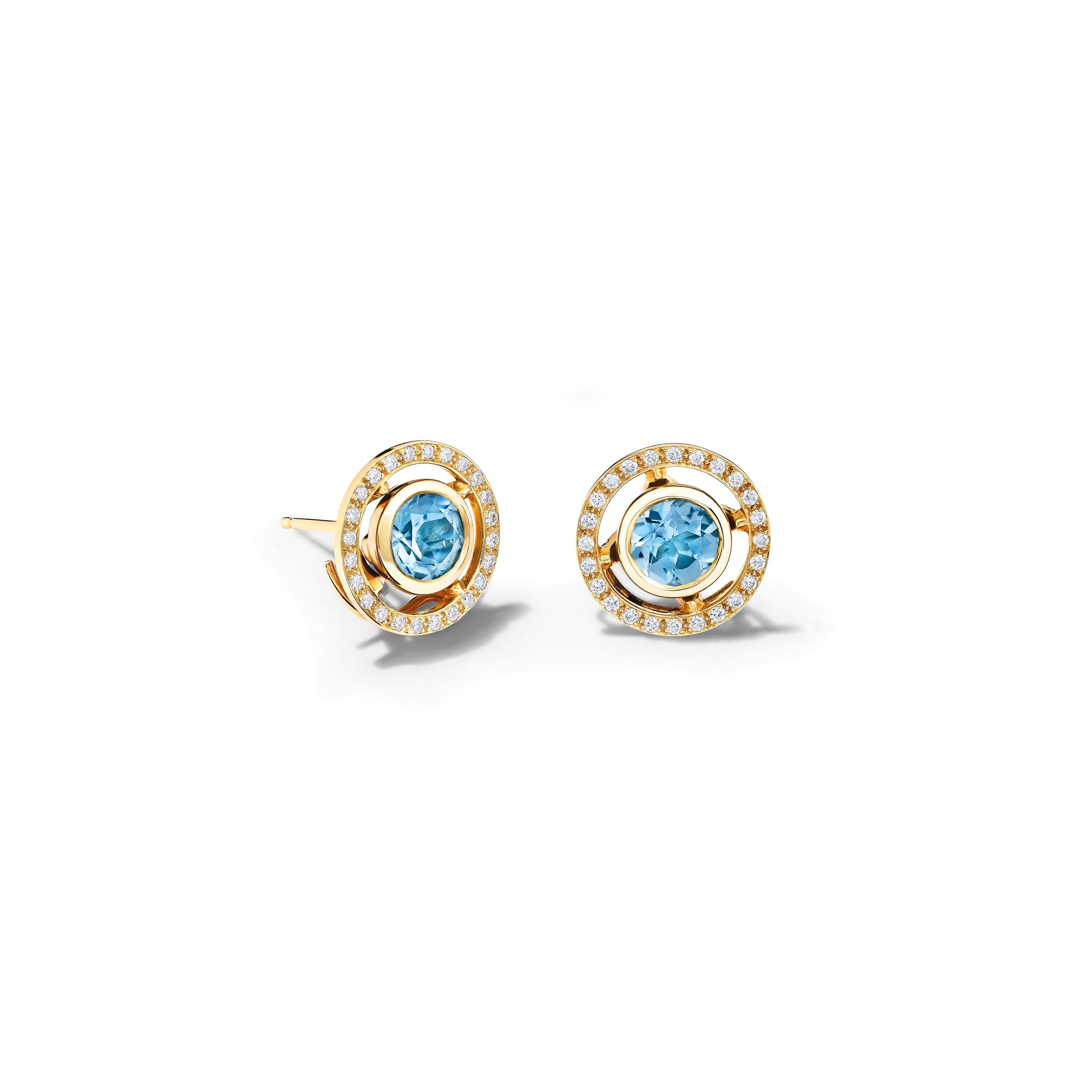 Handcrafted 18ct yellow gold earring halos featuring a circular shape with diamonds.