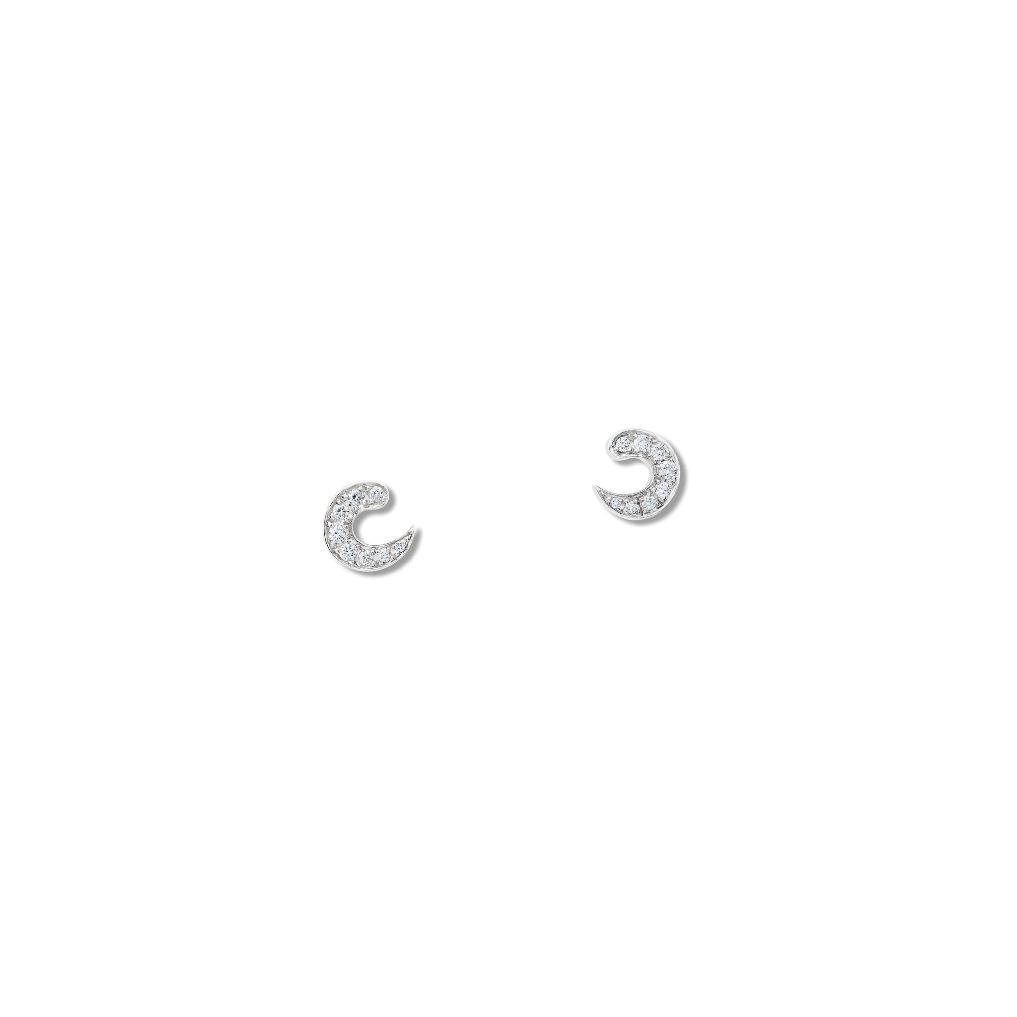 Handcrafted 18ct white gold stud earrings featuring a crescent shape with diamond pav�, birthstone of April.